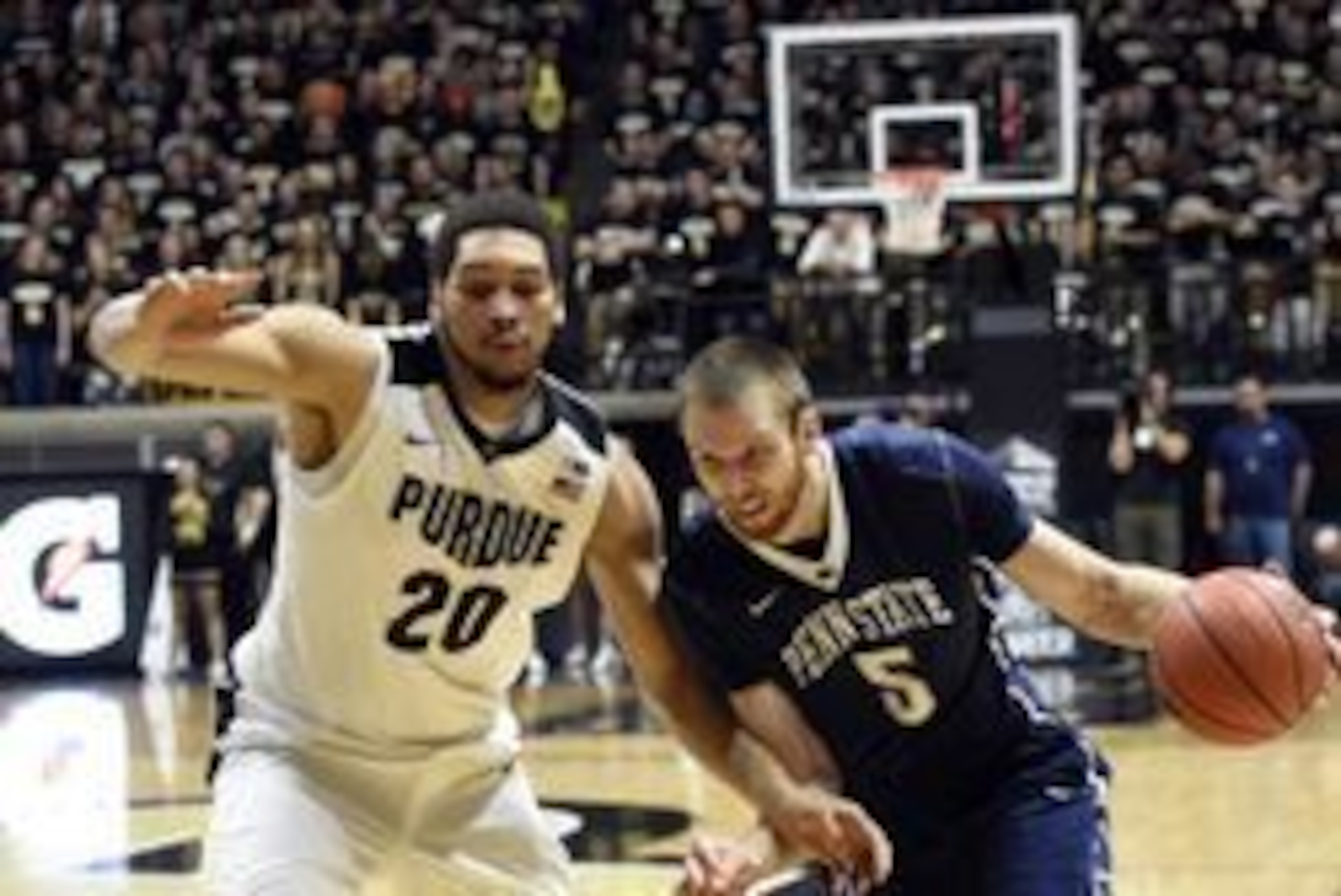 Jan 13, 2016; West Lafayette, IN, USA; Penn State Nittany Lions forward Donovon Jack (5) drives into Purdue Boilermakers center A.J. Hammons (20) in the first half at Mackey Arena. Mandatory Credit: Sandra Dukes-USA TODAY Sports Jan 13, 2016; West Lafayette, IN, USA; Penn State Nittany Lions forward Donovon Jack (5) drives into Purdue Boilermakers center A.J. Hammons (20) in the first half at Mackey Arena. Mandatory Credit: Sandra Dukes-USA TODAY Sports