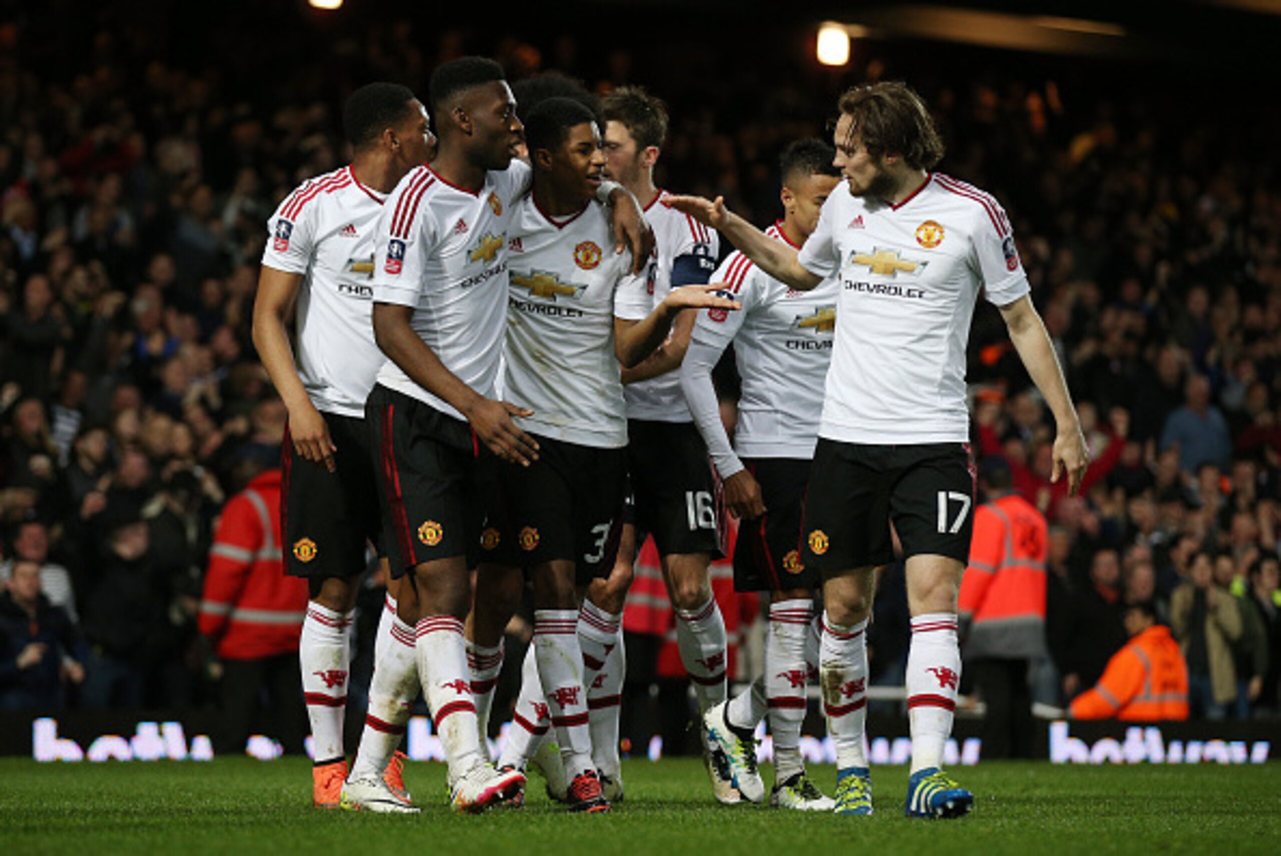 LONDON, ENGLAND - APRIL 13:  Marcus Rashford of Manchester United celebrates scoring the opening goal with team mates during The Emirates FA Cup, sixth round replay between West Ham United and Manchester United at the Boleyn Ground on April 13, 2016 in Lo