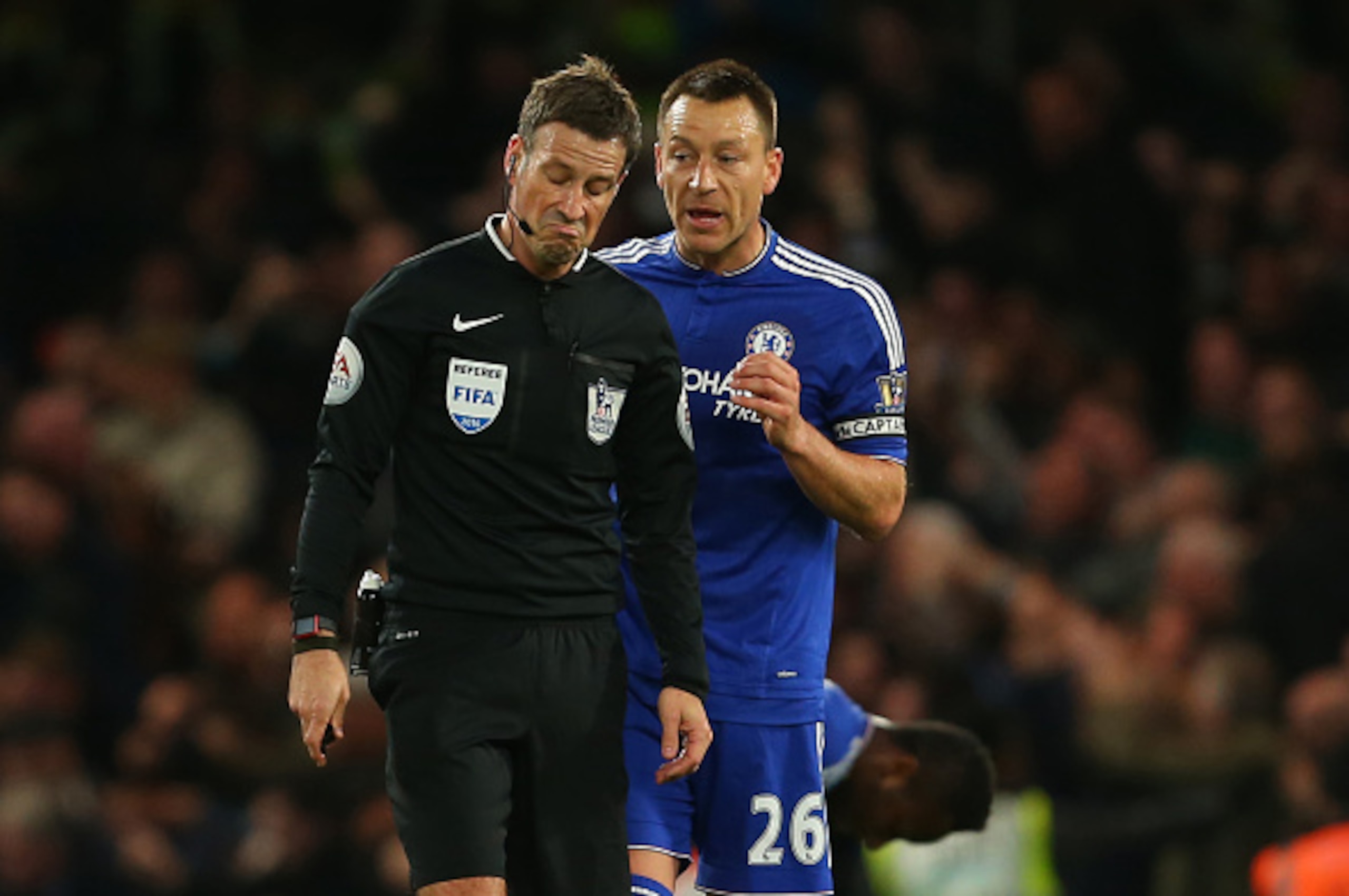 LONDON, ENGLAND - MAY 02 :  John Terry of Chelsea appeals to referee Mark Clattenburg during the Barclays Premier League match between Chelsea and Tottenham Hotspur at Stamford Bridge on May 2, 2016 in London, England.  (Photo by Catherine Ivill - AMA/Get