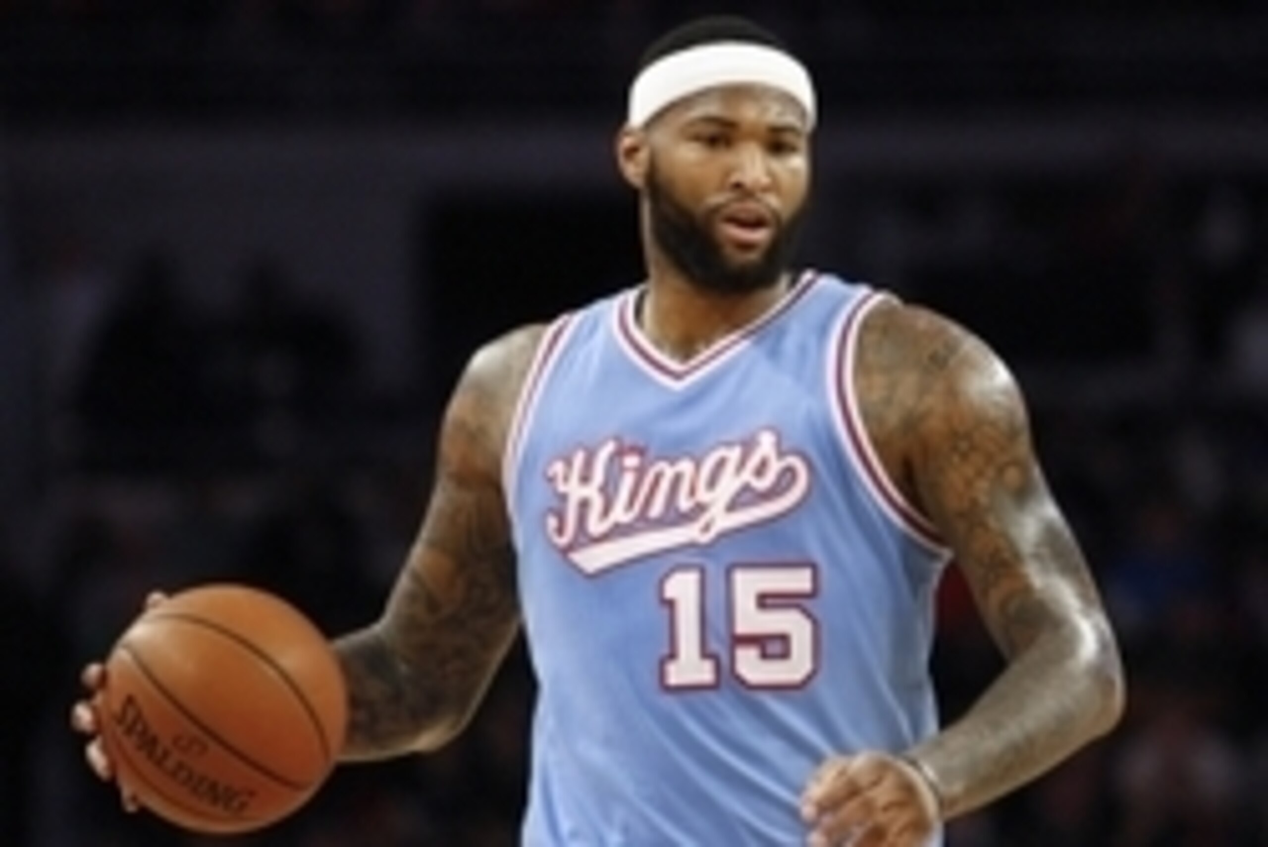 Mar 18, 2016; Auburn Hills, MI, USA; Sacramento Kings center DeMarcus Cousins (15) dribbles the ball up the court during the second quarter against the Detroit Pistons at The Palace of Auburn Hills. Pistons win 115-108. Mandatory Credit: Raj Mehta-USA TOD