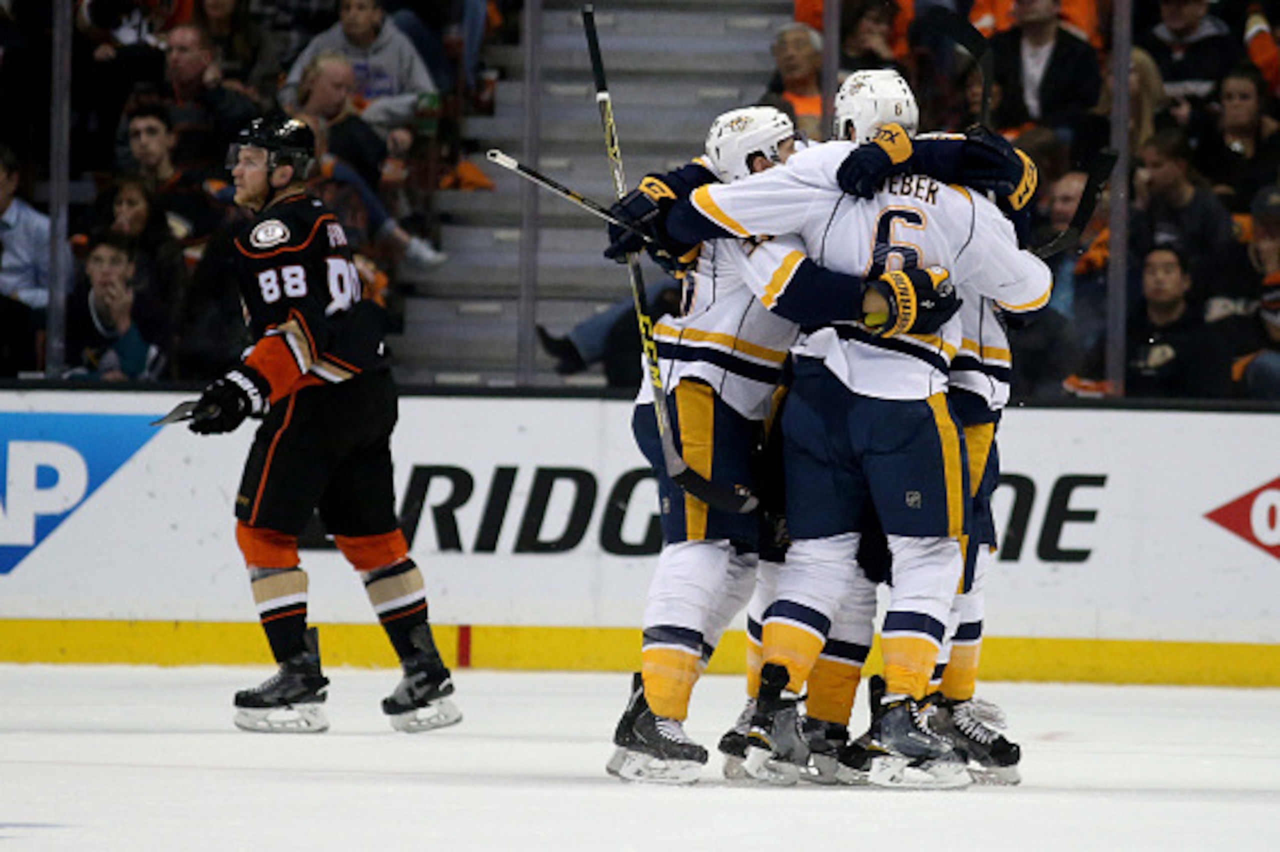 ANAHEIM, CA - APRIL 27:  The Nashville Predators celebrate a goal by Paul Gaustad #28 during the first period of a game against the Anaheim Ducks during Game Seven of the Western Conference First Round during the 2016 NHL Stanley Cup Playoffs at the Honda
