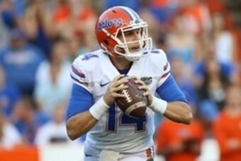 Apr 8, 2016; Gainesville, FL, USA; Florida Gators quarterback Luke Del Rio (14) looks to pass in the first quarter of the Orange and Blue at Ben Hill Griffin Stadium. Mandatory Credit: Logan Bowles-USA TODAY Sports