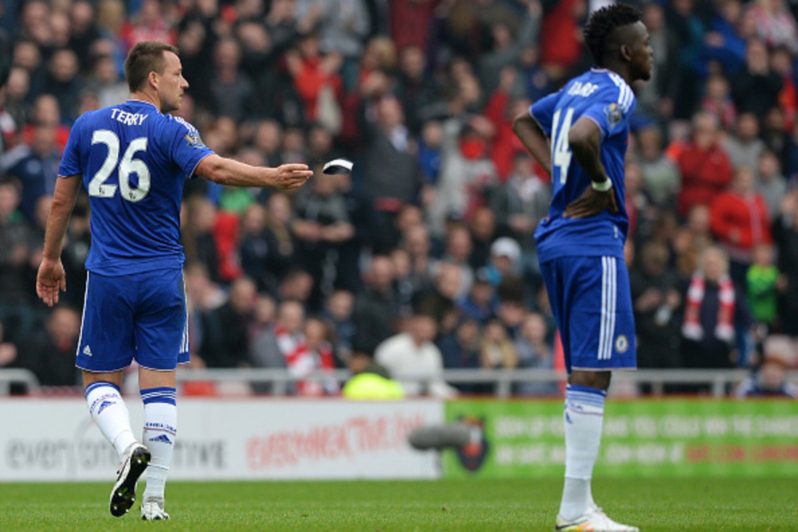SUNDERLAND, ENGLAND - MAY 07:  John Terry of Chelsea throws his captain's armband as he walks off the pitch after sent off during the Barclays Premier League match between Sunderland and Chelsea at the Stadium of Light on May 7, 2016 in Sunderland, United
