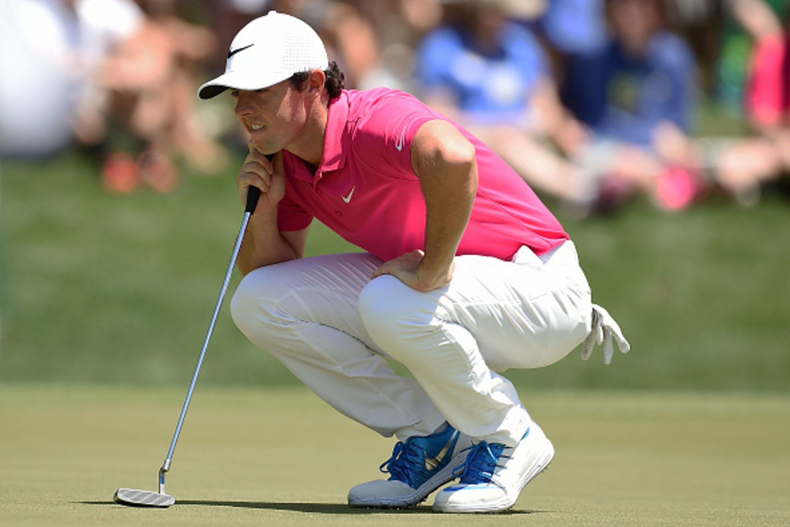 CHARLOTTE, NC - MAY 08:  Rory McIlroy of Northern Ireland lines up a putt on the sixth green during the final round of the Wells Fargo Championship at Quail Hollow Club on May 8, 2016 in Charlotte, North Carolina.  (Photo by Stacy Revere/Getty Images)