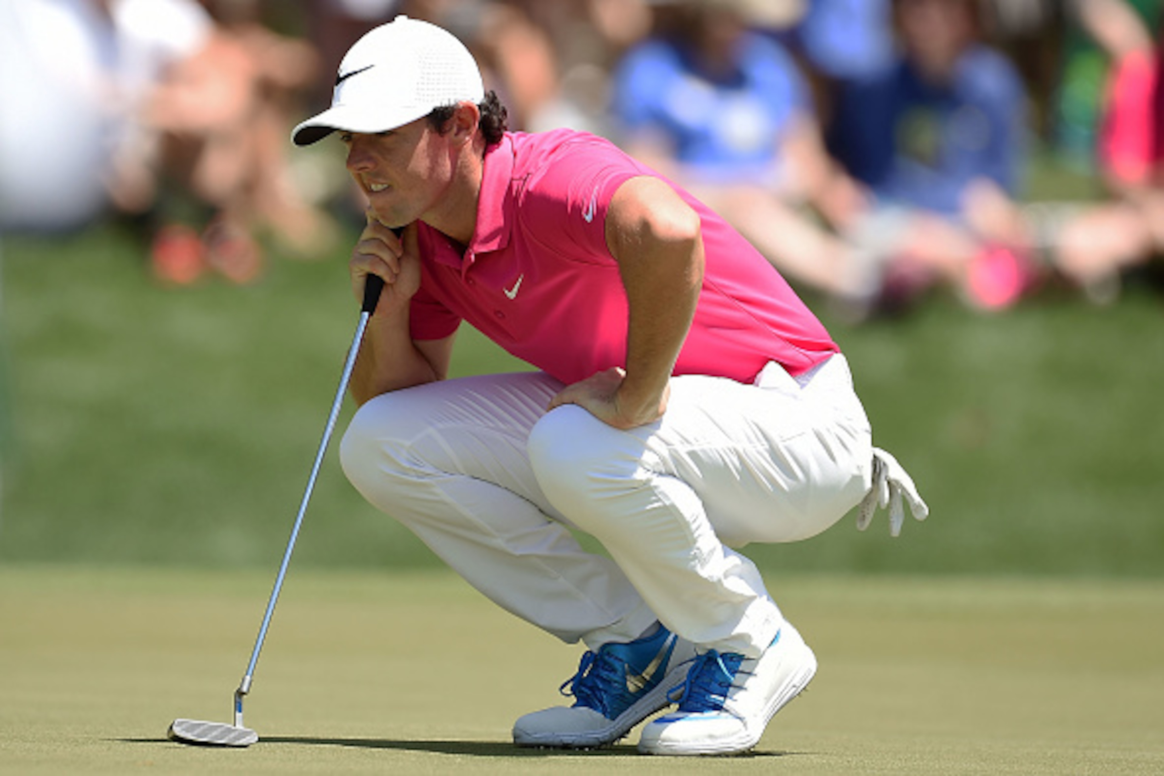 CHARLOTTE, NC - MAY 08:  Rory McIlroy of Northern Ireland lines up a putt on the sixth green during the final round of the Wells Fargo Championship at Quail Hollow Club on May 8, 2016 in Charlotte, North Carolina.  (Photo by Stacy Revere/Getty Images)