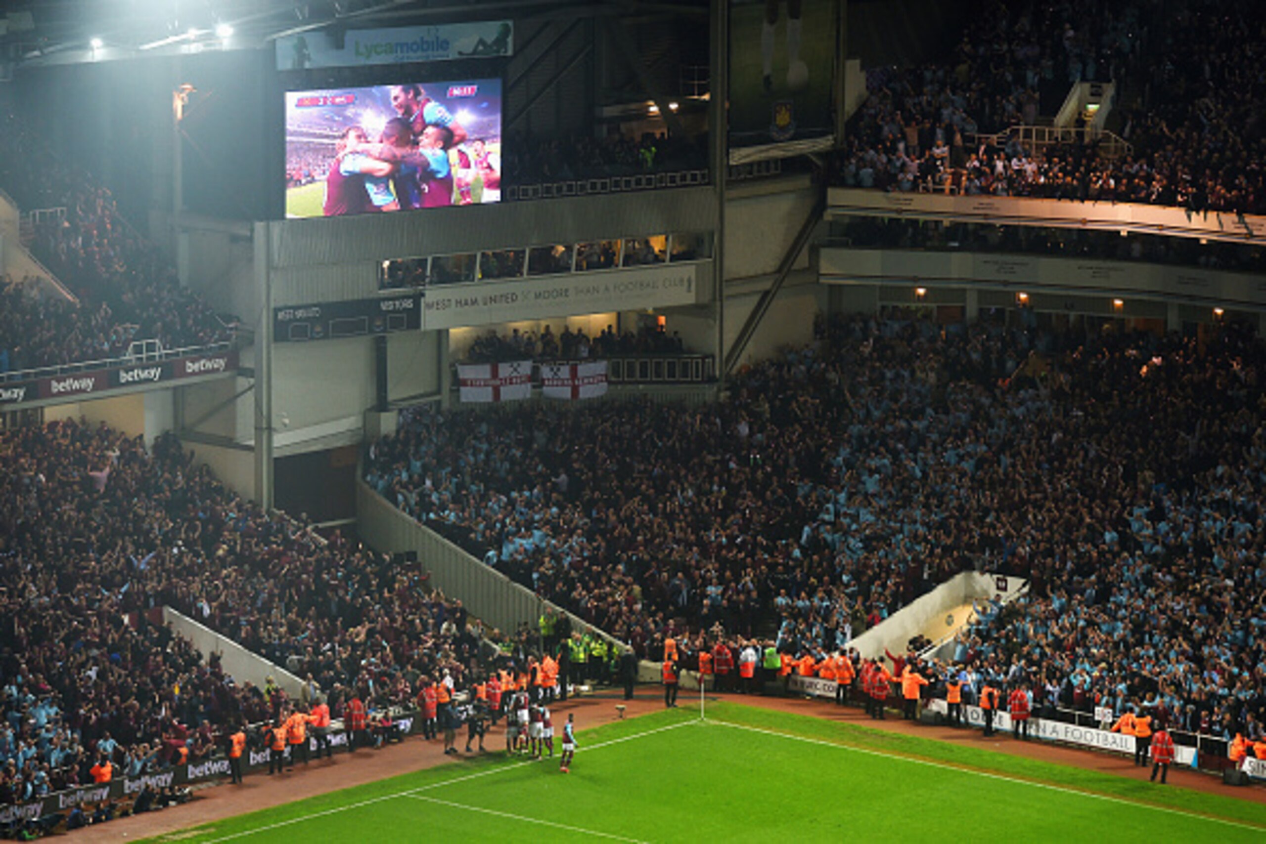 LONDON, ENGLAND - MAY 10: Winston Reid of West Ham United (obscured) celebrates with team mates and fans as he scores their third goal during the Barclays Premier League match between West Ham United and Manchester United at the Boleyn Ground on May 10, LONDON, ENGLAND - MAY 10: Winston Reid of West Ham United (obscured) celebrates with team mates and fans as he scores their third goal during the Barclays Premier League match between West Ham United and Manchester United at the Boleyn Ground on May 10,