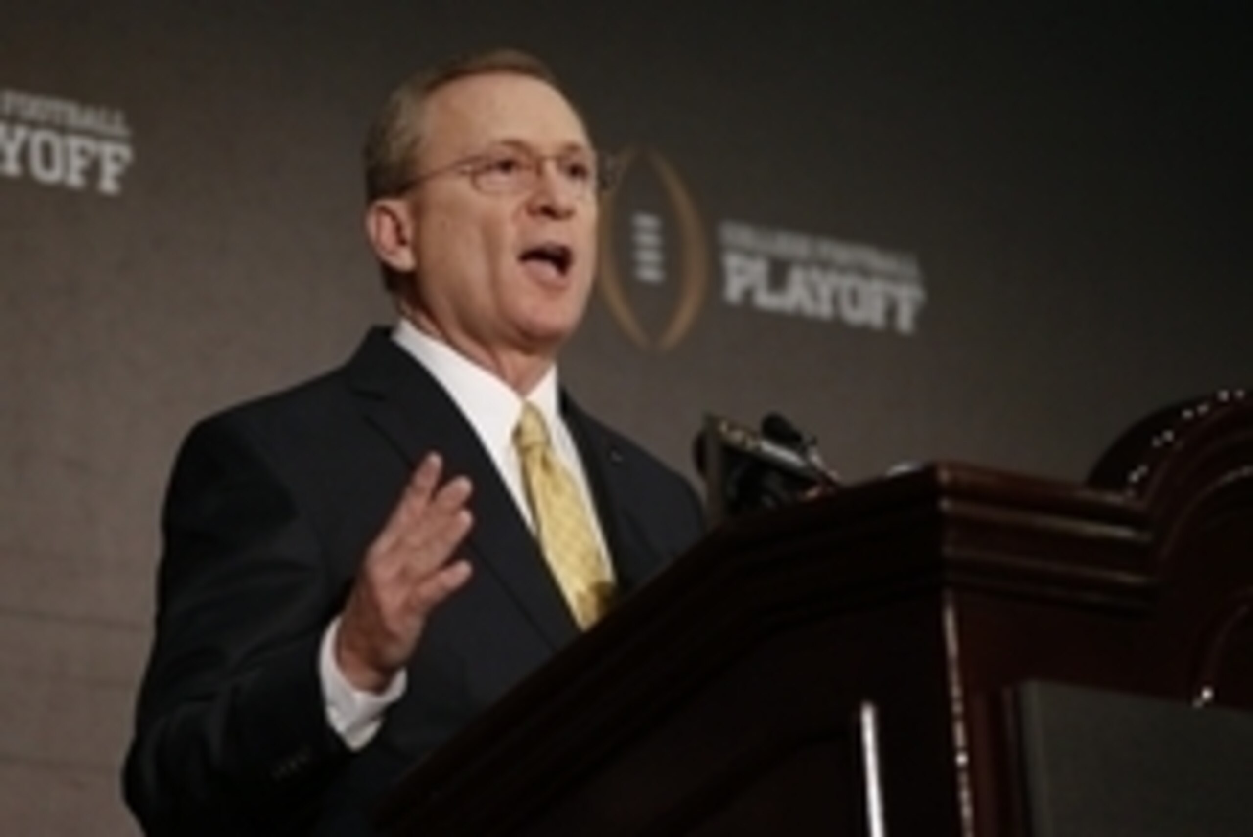 Dec 7, 2014; Grapevine, TX, USA; College football playoff selection committee chairman Jeff Long speaks to the media at the Gaylord Texan Hotel. Mandatory Credit: Kevin Jairaj-USA TODAY Sports