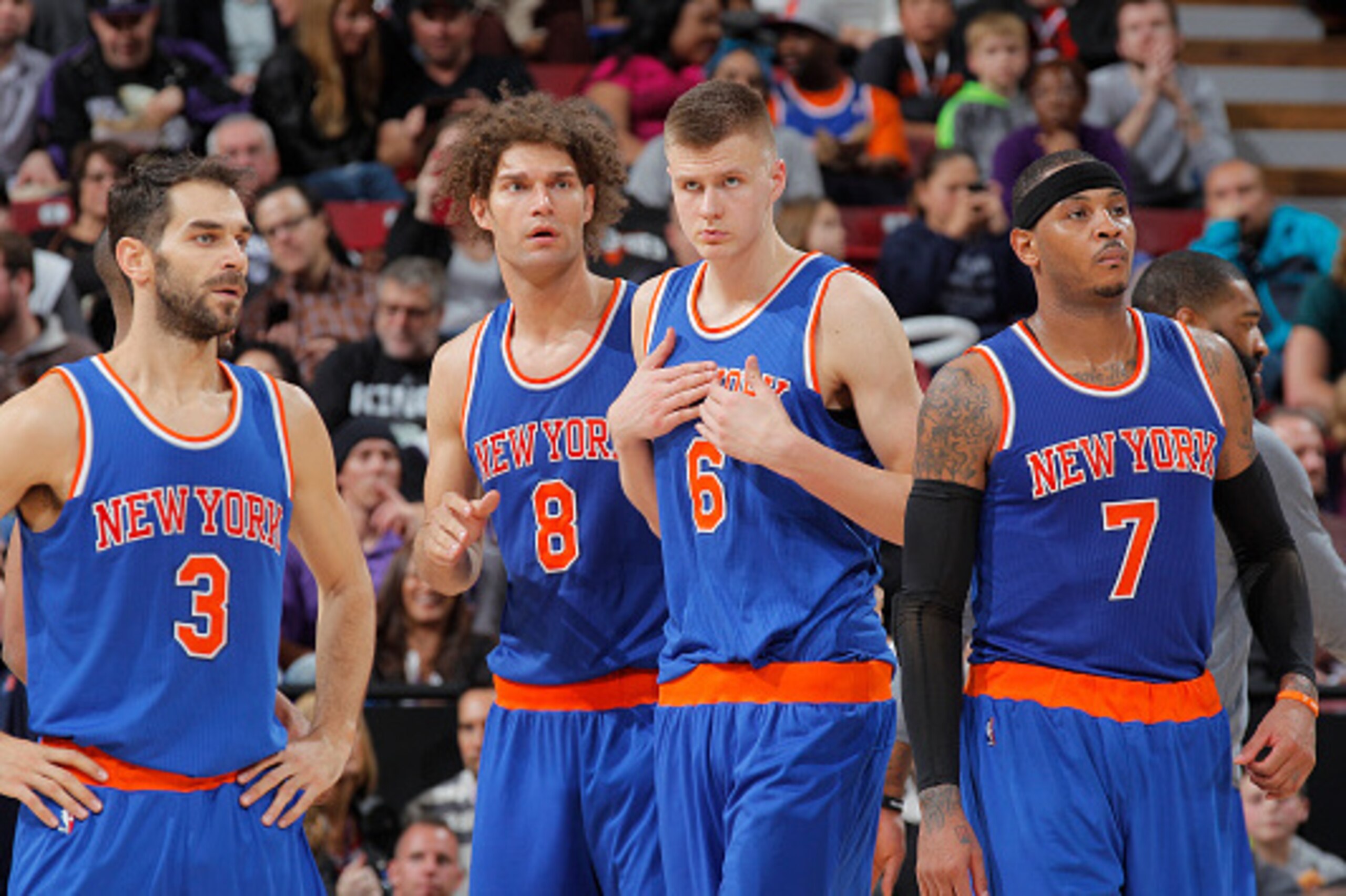 SACRAMENTO, CA - DECEMBER 10: Jose Calderon #3, Robin Lopez #8, Kristaps Porzingis #6 and Carmelo Anthony #7 of the New York Knicks face off against the Sacramento Kings on December 10, 2015 at Sleep Train Arena in Sacramento, California. NOTE TO USER: Us