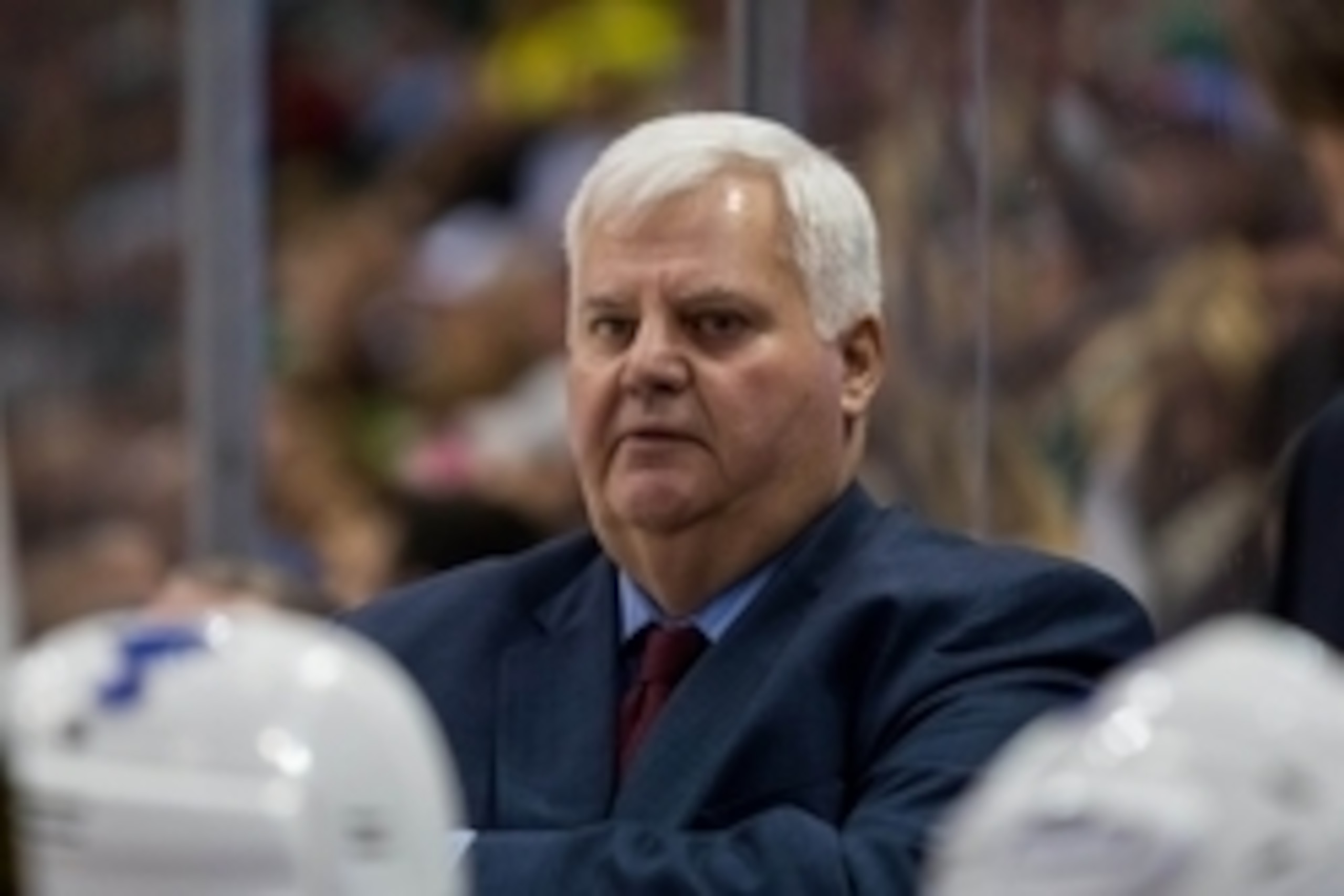 Mar 6, 2016; Saint Paul, MN, USA; St. Louis Blues head coach Ken Hitchcock in the third period against the Minnesota Wild at Xcel Energy Center. The St. Louis Blues beat the Minnesota Wild 4-2. Mandatory Credit: Brad Rempel-USA TODAY Sports