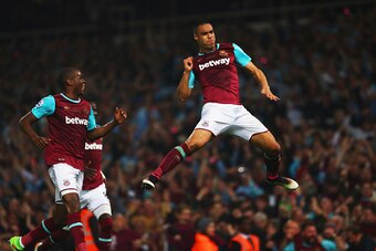 LONDON, ENGLAND - MAY 10:  Winston Reid of West Ham United celebrates as he scores their third goal during the Barclays Premier League match between West Ham United and Manchester United at the Boleyn Ground on May 10, 2016 in London, England. West Ham Un