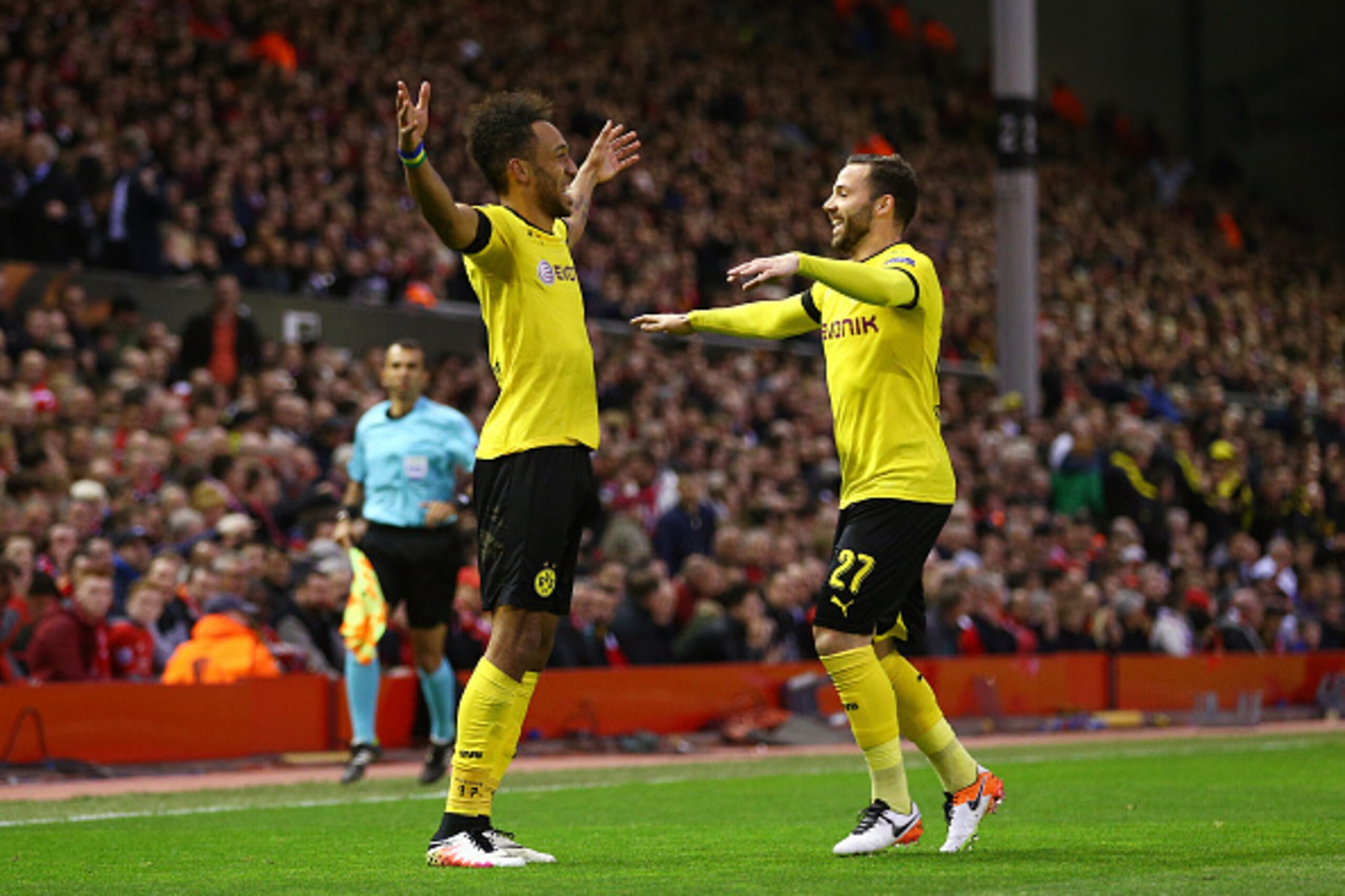 LIVERPOOL, ENGLAND - APRIL 14:  Pierre-Emerick Aubameyang (L) of Borussia Dortmund celebrates scoring his team's second goal with Gonzalo Castro during the UEFA Europa League quarter final, second leg match between Liverpool and Borussia Dortmund at Anfie