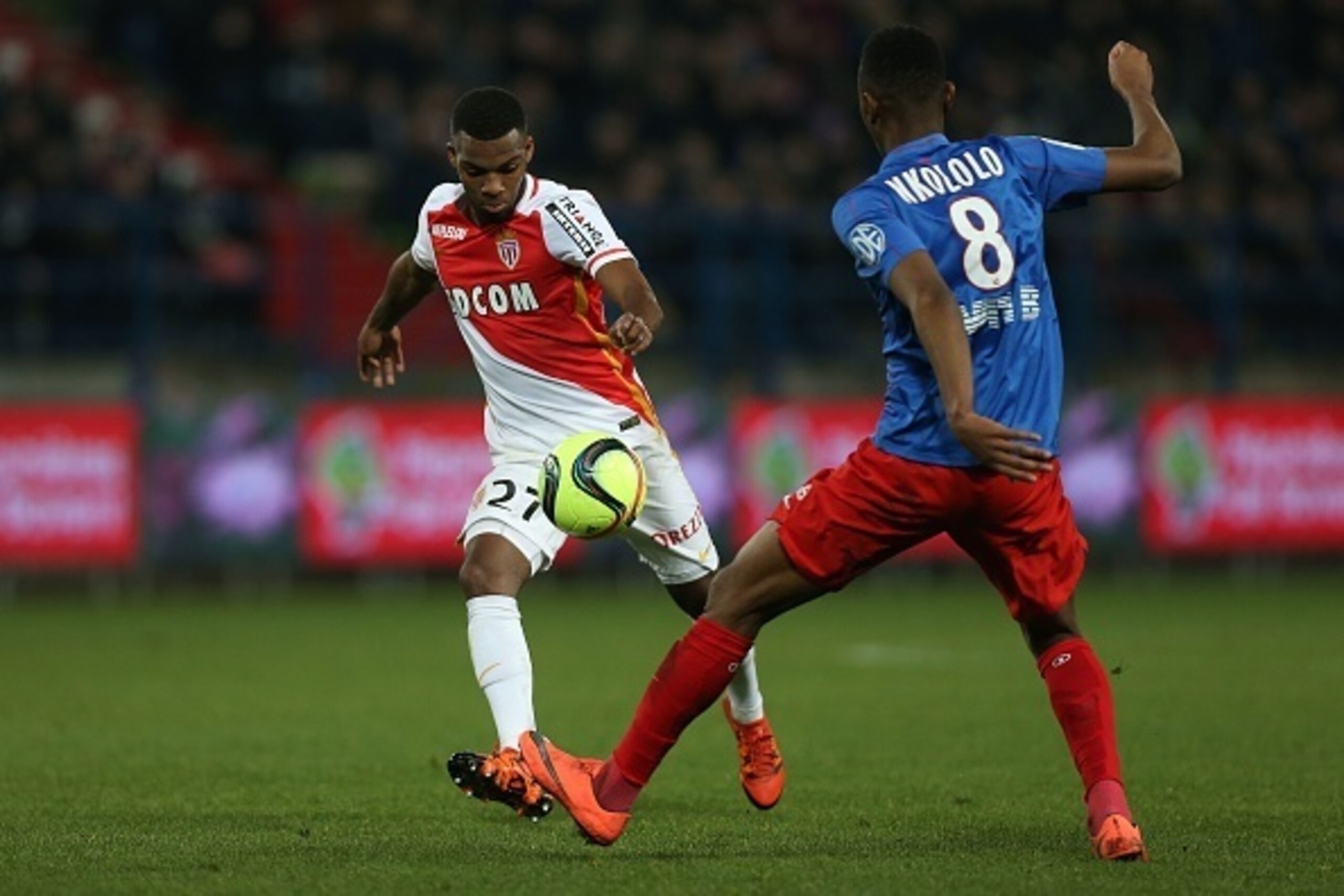 Monaco's French midfielder Thomas Lemar (L) vies with Caen's French midfielder Jordan Nkololo during the French L1 football match between Caen (SM Caen) and Monaco (AS Monaco FC), on March 4, 2016 at the Michel d'Ornano stadium, in Caen, northwestern Fran
