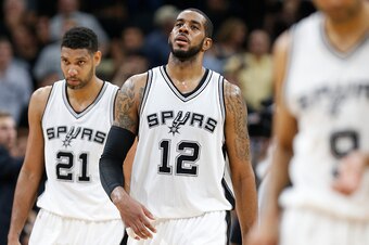 SAN ANTONIO,TX - MAY 10:  LaMarcus Aldridge  #12 of the San Antonio Spurs walks off the court after loosing to the Oklahoma City Thunder in game Five of the Western Conference Semifinals during the 2016 NBA Playoffs at AT&T Center on May 10, 2016 in San A