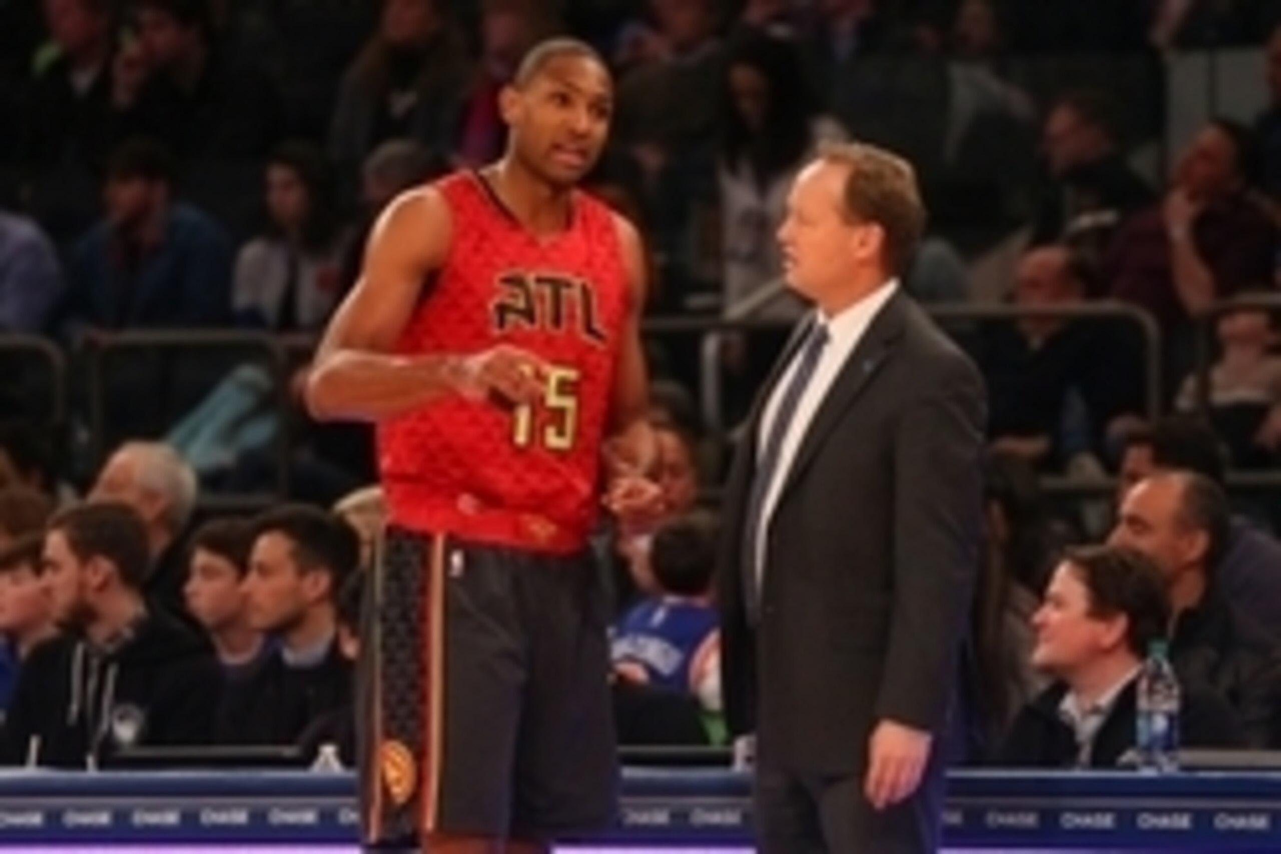 Jan 3, 2016; New York, NY, USA; Atlanta Hawks center Al Horford (15) talks with head coach Mike Budenholzer during the third quarter against the New York Knicks at Madison Square Garden. New York Knicks won 111-97. Mandatory Credit: Anthony Gruppuso-USA Jan 3, 2016; New York, NY, USA; Atlanta Hawks center Al Horford (15) talks with head coach Mike Budenholzer during the third quarter against the New York Knicks at Madison Square Garden. New York Knicks won 111-97. Mandatory Credit: Anthony Gruppuso-USA