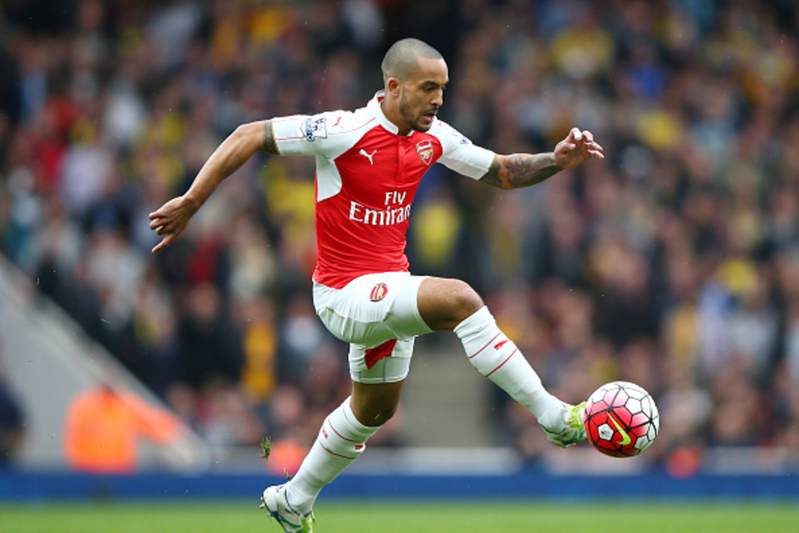 LONDON, ENGLAND - APRIL 02: Theo Walcott of Arsenal in action during the Barclays Premier League match between Arsenal and Watford at Emirates Stadium on April 2, 2016 in London, England. (Photo by Ian Walton/Getty Images) LONDON, ENGLAND - APRIL 02: Theo Walcott of Arsenal in action during the Barclays Premier League match between Arsenal and Watford at Emirates Stadium on April 2, 2016 in London, England. (Photo by Ian Walton/Getty Images)
