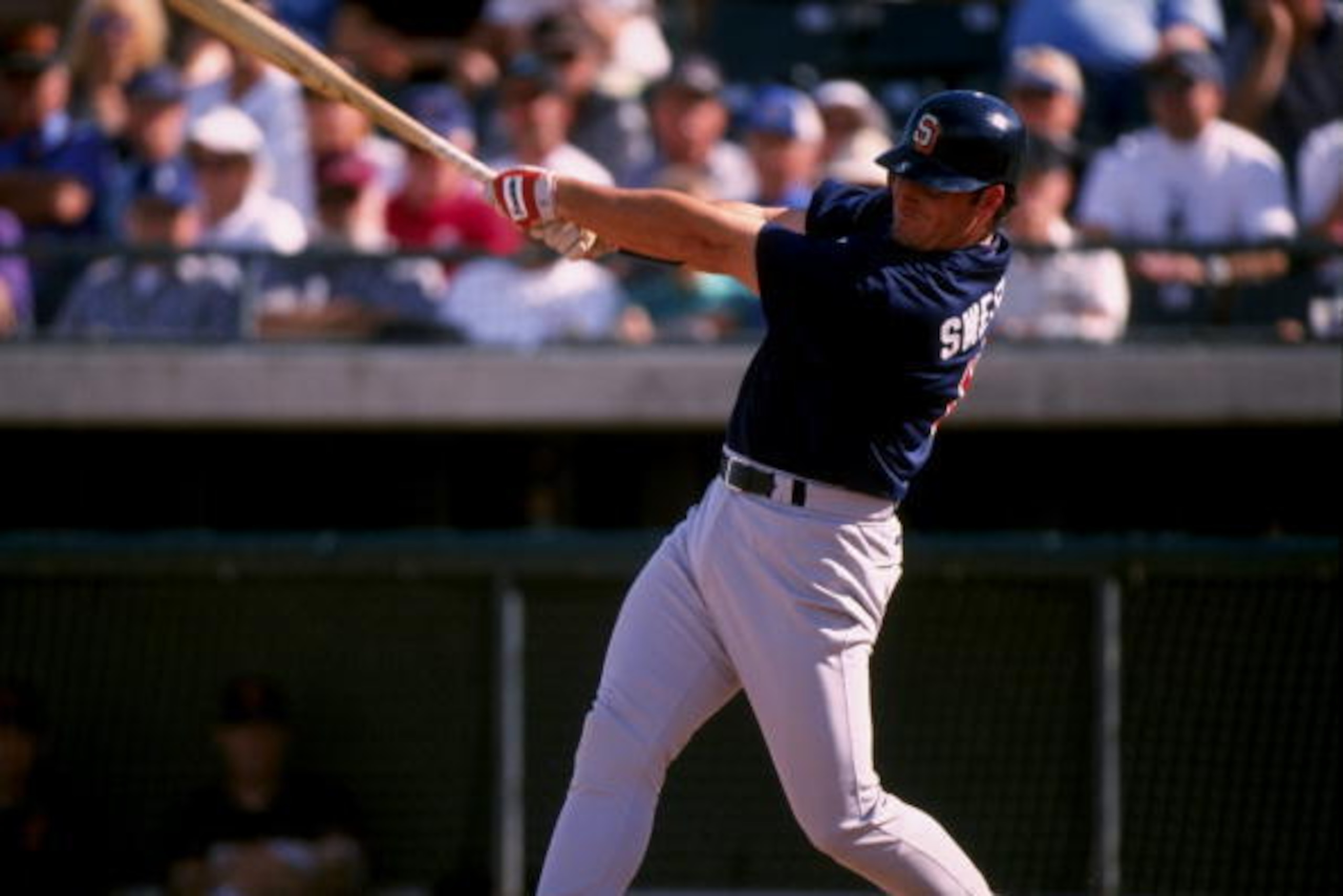 4 Mar 1998:  Outfielder Mark Sweeney of the San Diego Padres in action during a spring training game against the San Francisco Giants at the Scottsdale Stadium in Scottsdale, Arizona.  The Padres won the game, 16-7. Mandatory Credit: Otto Greule Jr.  /All
