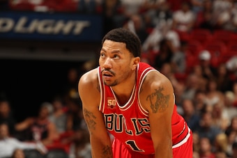 MIAMI, FL - APRIL 7:  Derrick Rose #1 of the Chicago Bulls is seen during the game against the Miami Heaton April 7, 2016 at AmericanAirlines Arena in Miami, Florida. NOTE TO USER: User expressly acknowledges and agrees that, by downloading and or using t