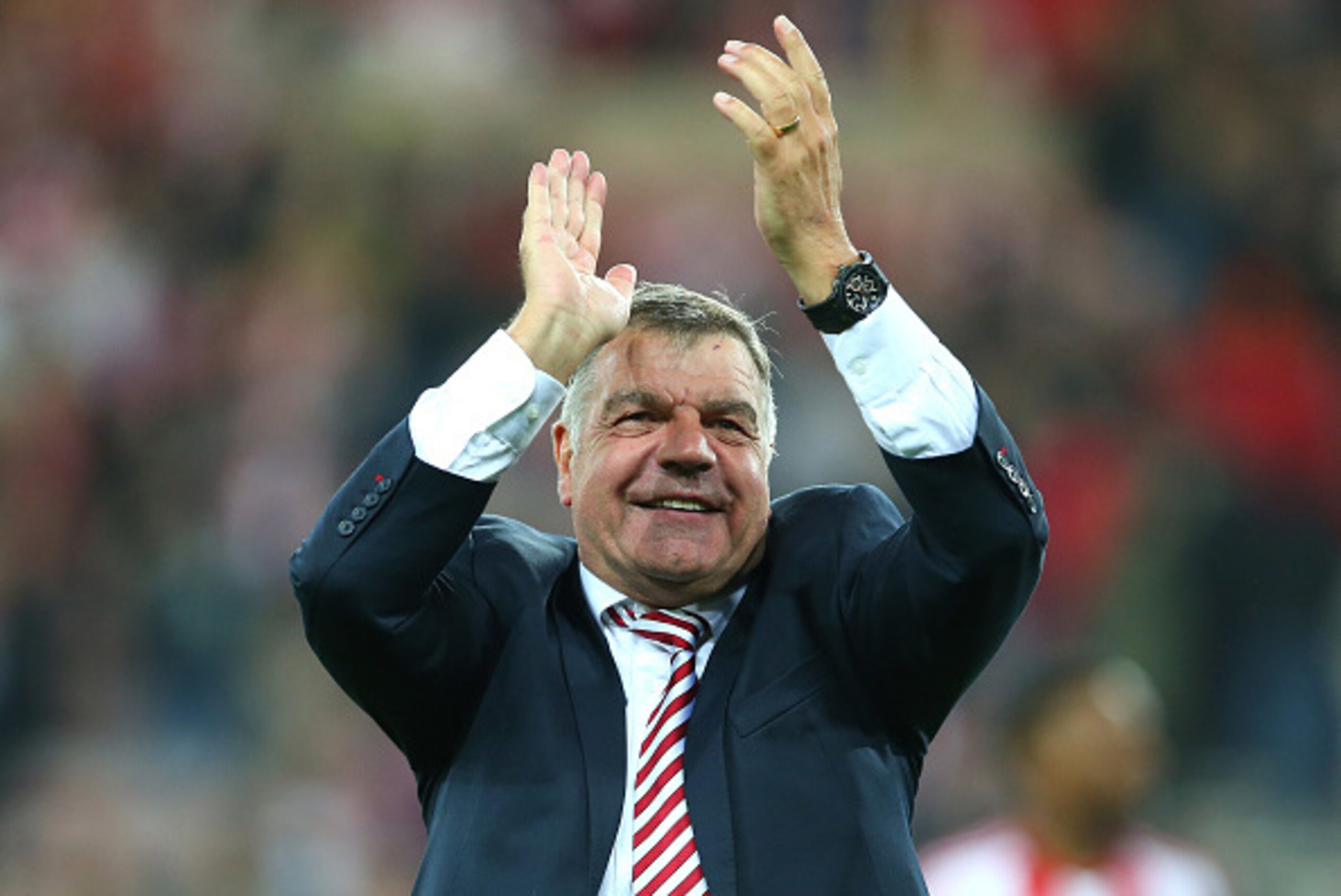 SUNDERLAND, ENGLAND - MAY 11:  Sam Allardyce, manager of Sunderland celebrates staying in the Premier League after victory during the Barclays Premier League match between Sunderland and Everton at the Stadium of Light on May 11, 2016 in Sunderland, Engla