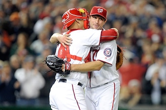 WASHINGTON, DC - MAY 11:  Max Scherzer #31 of the Washington Nationals celebrates with Wilson Ramos #40 after tying the MLB record for strikeouts in a game with 20 against the Detroit Tigers at Nationals Park on May 11, 2016 in Washington, DC.  (Photo by 