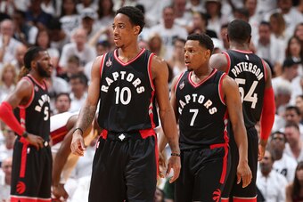 MIAMI, FL - MAY 7:  DeMar DeRozan #10 and Kyle Lowry #7 of the Toronto Raptors during the game against the Miami Heat in Game Three of the Eastern Conference Semifinals during the 2016 NBA Playoffs on May 7, 2016 at AmericanAirlines Arena in Miami, Florid