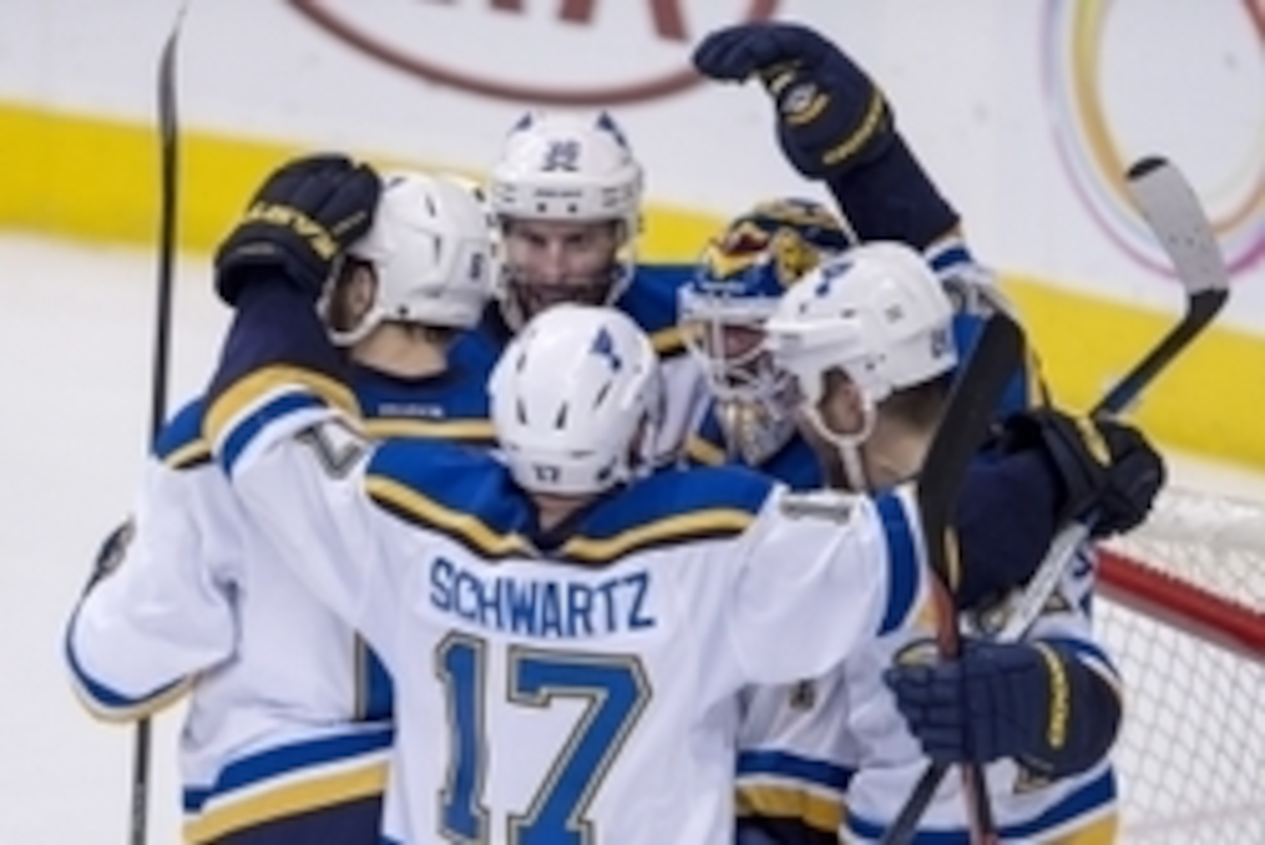 May 11, 2016; Dallas, TX, USA; St. Louis Blues left wing Jaden Schwartz (17), defenseman Joel Edmundson (6), right wing Troy Brouwer (36), goalie Brian Elliott (1), and center Paul Stastny (26) celebrate after defeating the Dallas Stars 6-1 in game seven 