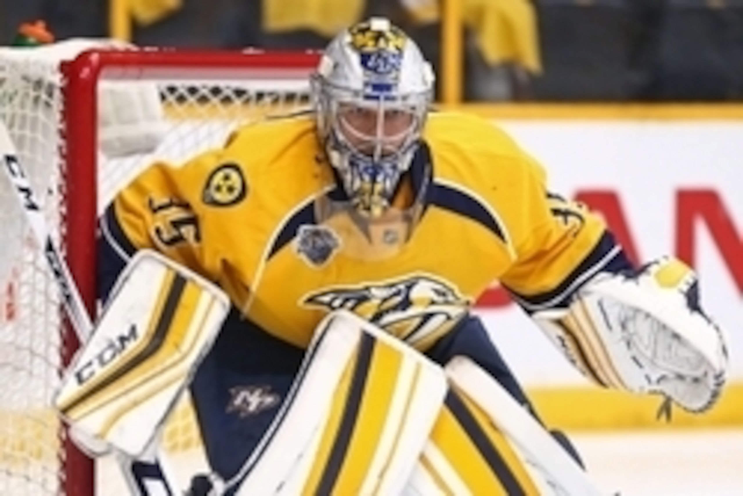 May 9, 2016; Nashville, TN, USA; Nashville Predators goalie Pekka Rinne (35) looks on in net against the San Jose Sharks during the second period in game six of the second round of the 2016 Stanley Cup Playoffs at Bridgestone Arena. Mandatory Credit: Aaro