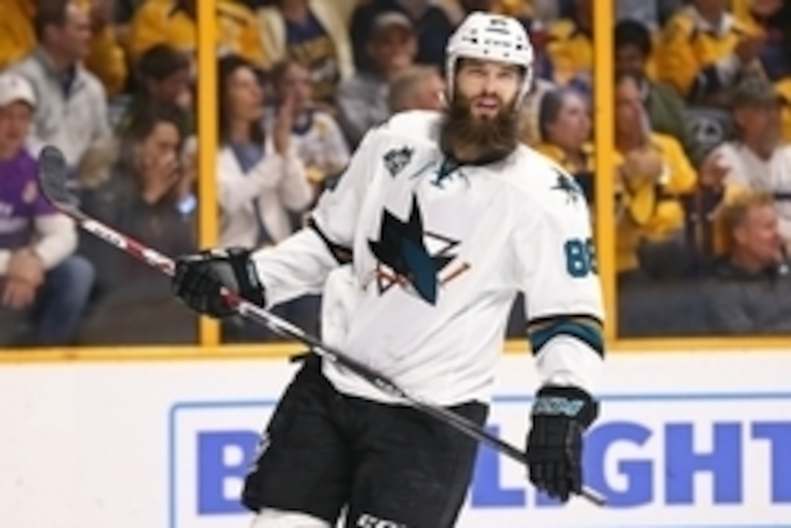 May 5, 2016; Nashville, TN, USA; San Jose Sharks defenseman Brent Burns (88) against the Nashville Predators in game four of the second round of the 2016 Stanley Cup Playoffs at Bridgestone Arena. The Predators won 4-3. Mandatory Credit: Aaron Doster-USA 