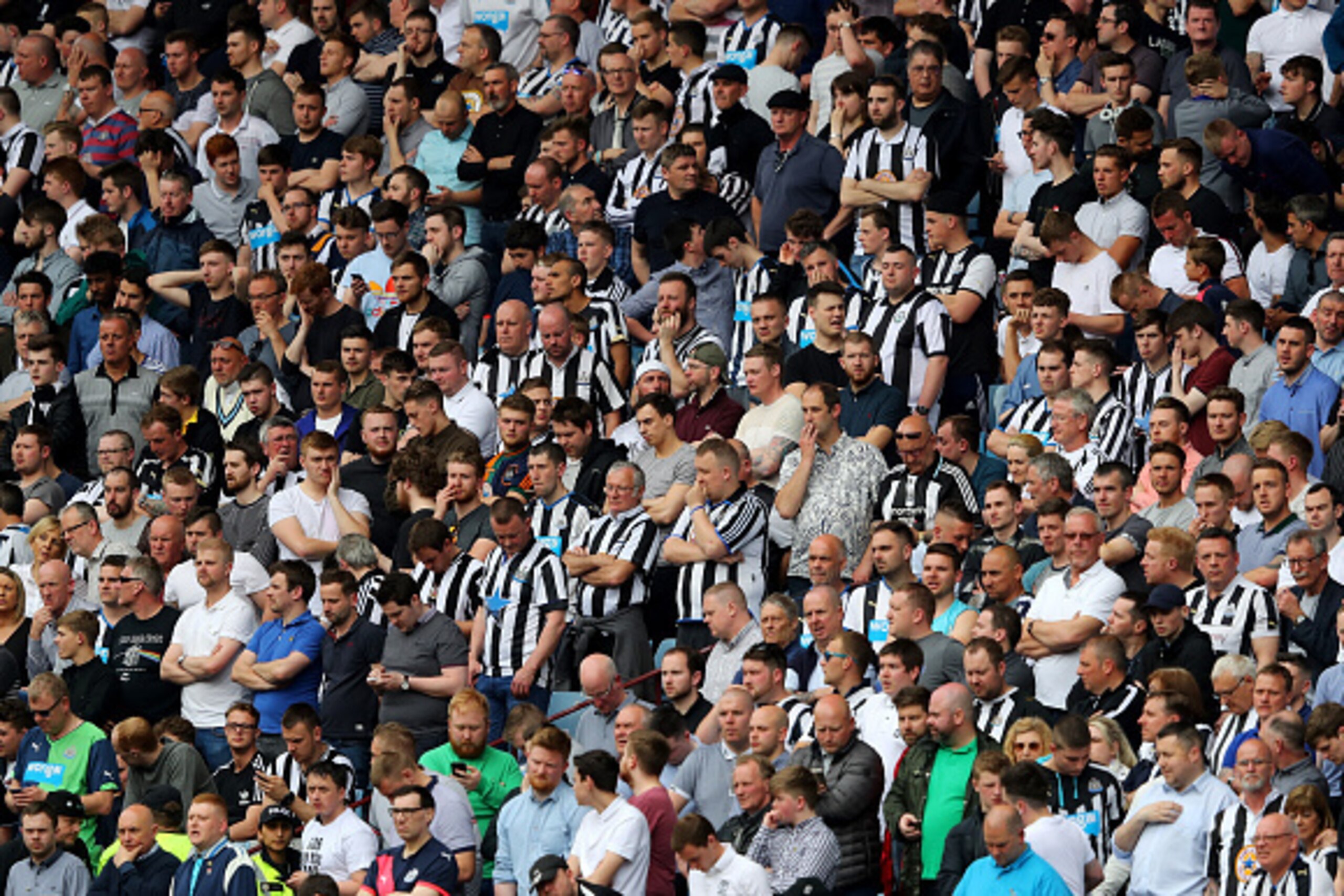 BIRMINGHAM, ENGLAND - MAY 07: Newcastle United supporters react after Sunderland's third goal during the Barclays Premier League match between Aston Villa and Newcastle United at Villa Park on May 7, 2016 in Birmingham, United Kingdom. (Photo by Richard BIRMINGHAM, ENGLAND - MAY 07: Newcastle United supporters react after Sunderland's third goal during the Barclays Premier League match between Aston Villa and Newcastle United at Villa Park on May 7, 2016 in Birmingham, United Kingdom. (Photo by Richard