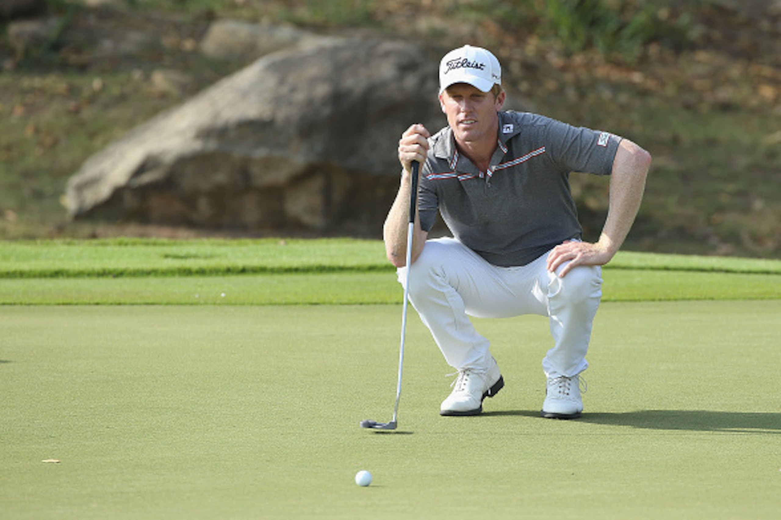 HUA HIN, THAILAND - MARCH 10:  Andrew Dodt of Australia lines up a put during the first round of the 2016 True Thailand Classic at Black Mountain Golf Club on March 10, 2016 in Hua Hin, Thailand.  (Photo by Ian Walton/Getty Images)