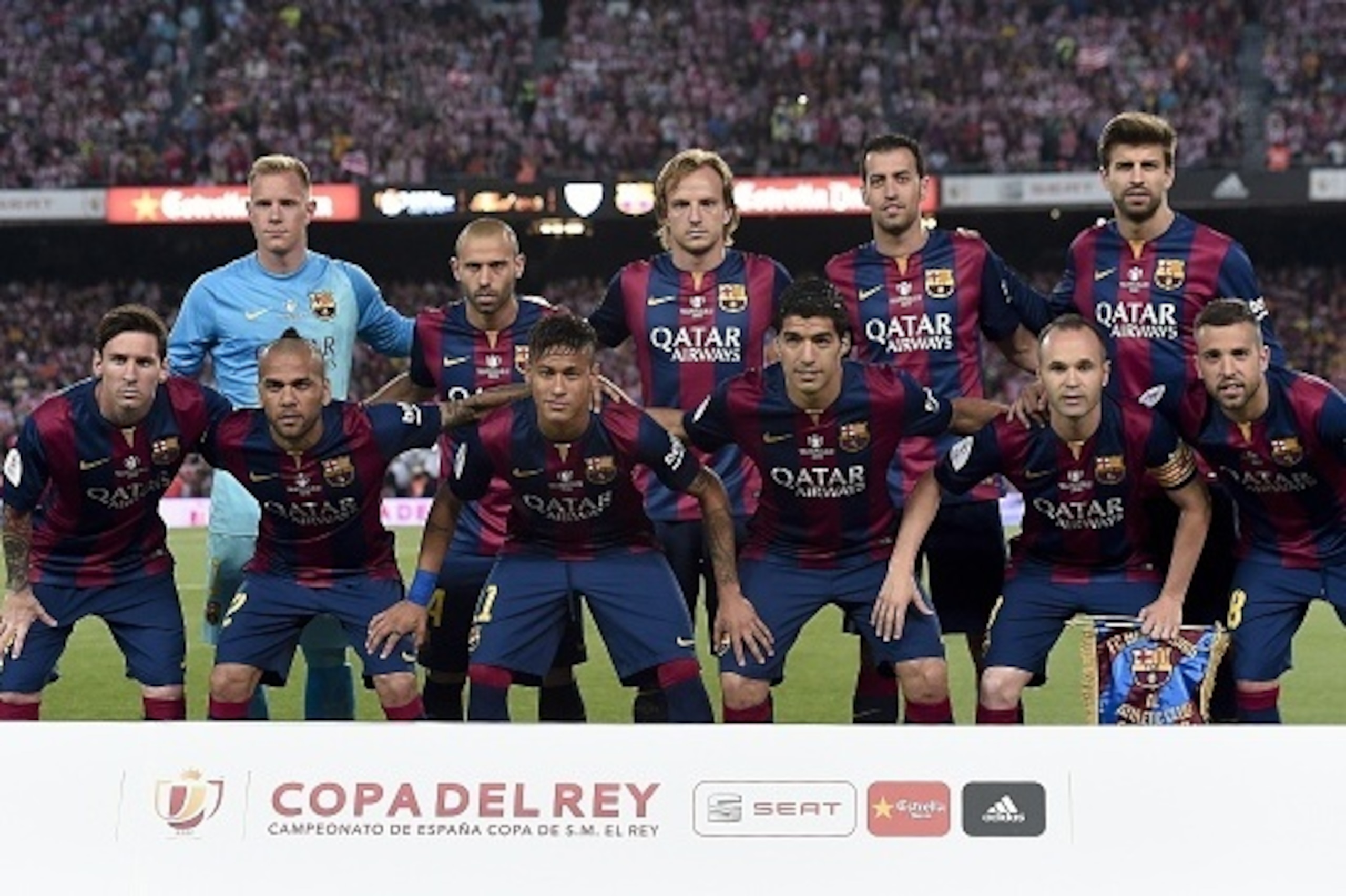 (FromL) FC Barcelona players, (back row) German goalkeeper Marc-Andre ter Stegen, Argentinian defender Javier Mascherano, Croatian midfielder Ivan Rakitic, midfielder Sergio Busquets, defender Gerard Pique and (front row) Argentinian forward Lionel Messi, (FromL) FC Barcelona players, (back row) German goalkeeper Marc-Andre ter Stegen, Argentinian defender Javier Mascherano, Croatian midfielder Ivan Rakitic, midfielder Sergio Busquets, defender Gerard Pique and (front row) Argentinian forward Lionel Messi,