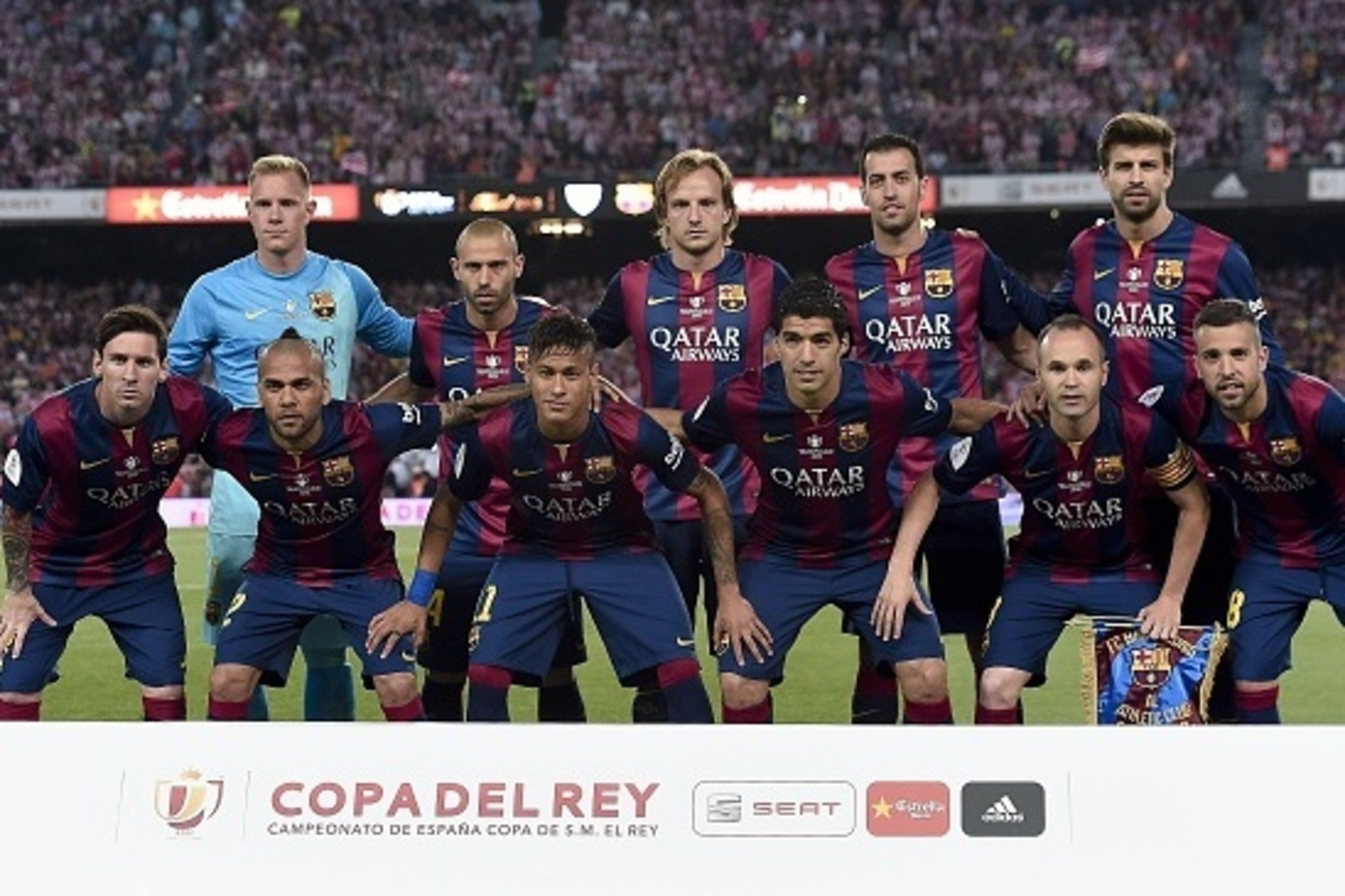 (FromL) FC Barcelona players, (back row) German goalkeeper Marc-Andre ter Stegen, Argentinian defender Javier Mascherano, Croatian midfielder Ivan Rakitic, midfielder Sergio Busquets, defender Gerard Pique and (front row) Argentinian forward Lionel Messi,