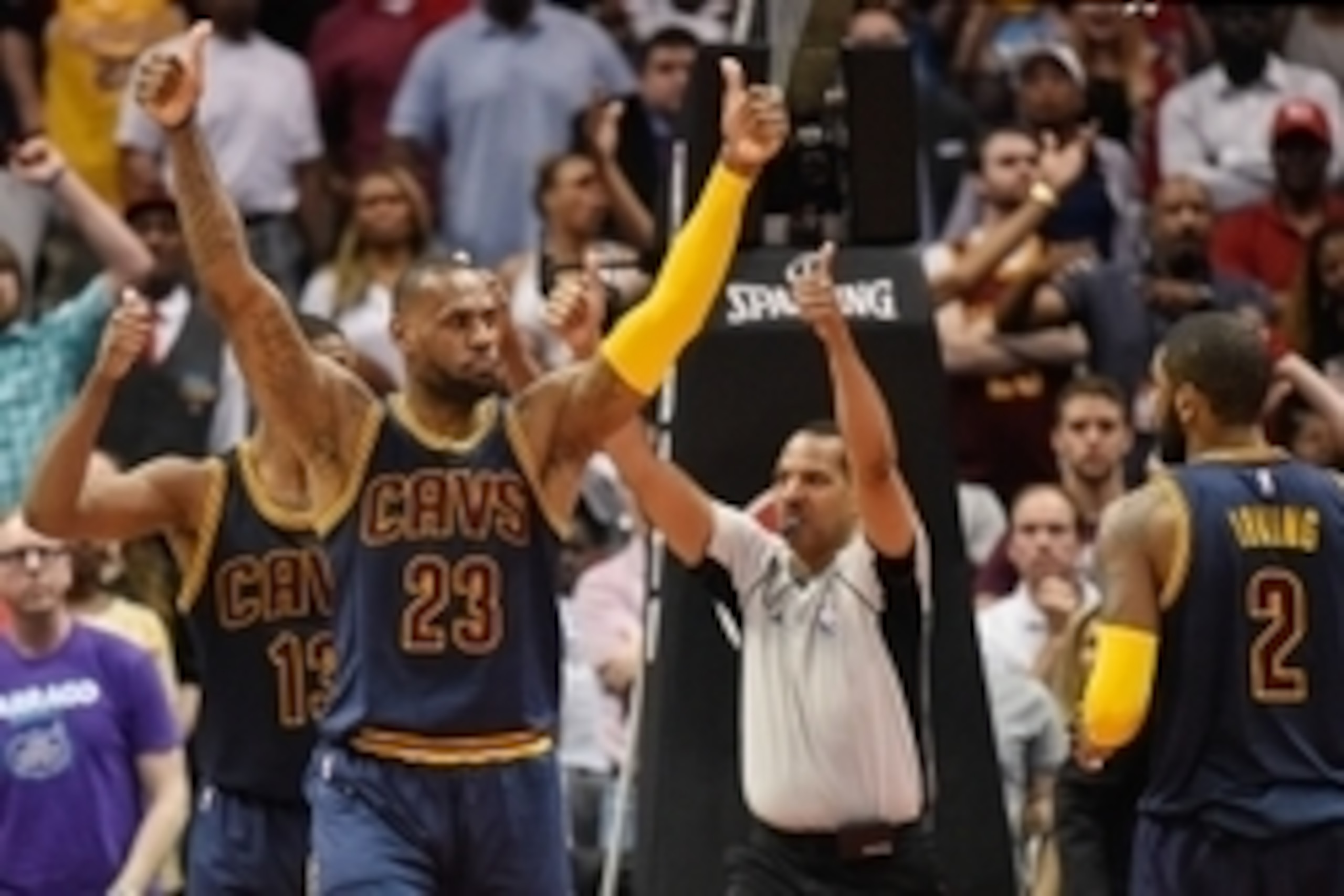 May 8, 2016; Atlanta, GA, USA; Cleveland Cavaliers forward LeBron James (23) calls for a jump ball after tying up Atlanta Hawks guard Dennis Schroder (not shown) at the end of game four of the second round of the NBA Playoffs at Philips Arena. The Cavalie