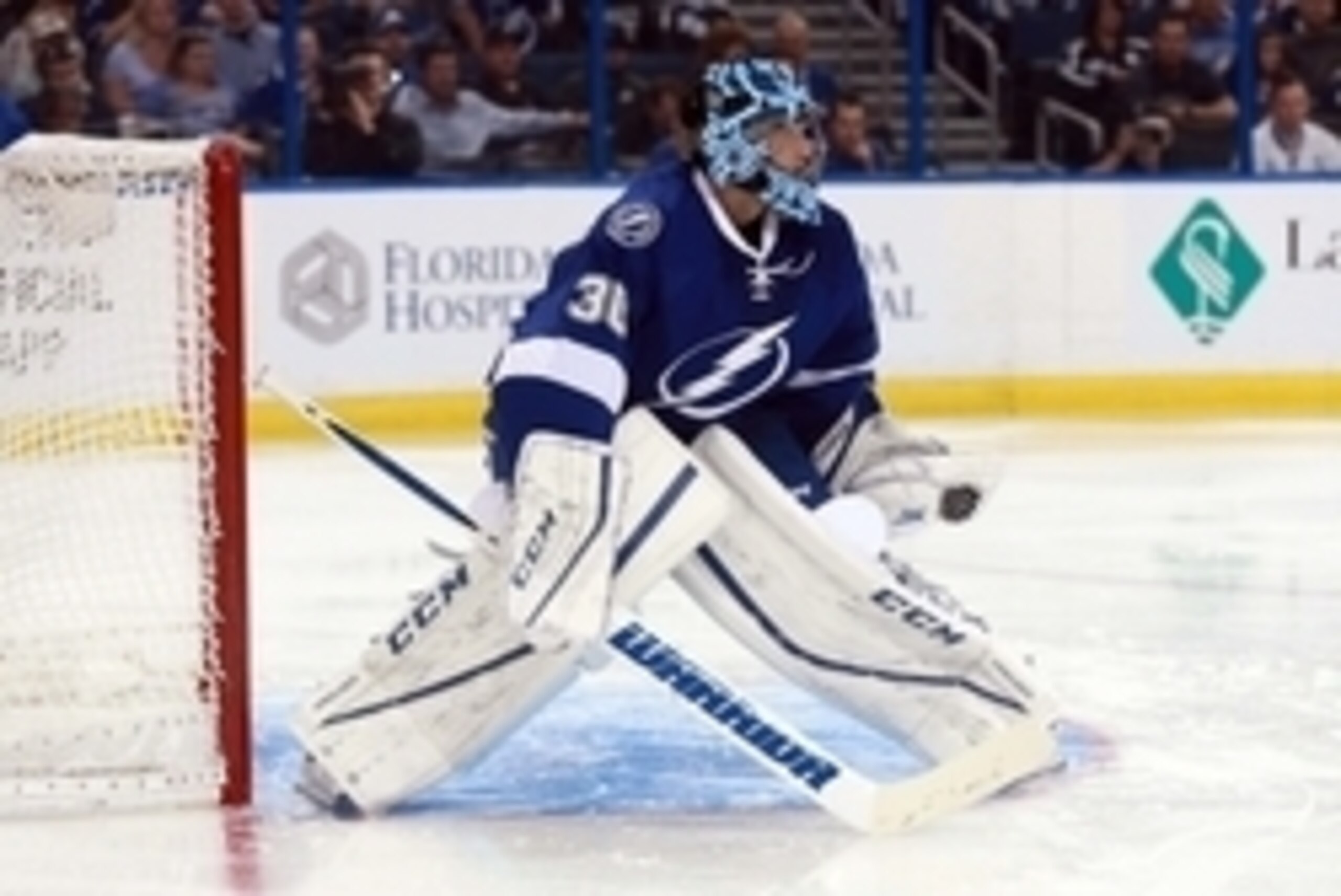 Apr 13, 2016; Tampa, FL, USA; Tampa Bay Lightning goalie Ben Bishop (30) against the Detroit Red Wings during the second period in game one of the first round of the 2016 Stanley Cup Playoffs at Amalie Arena. Mandatory Credit: Kim Klement-USA TODAY Sports