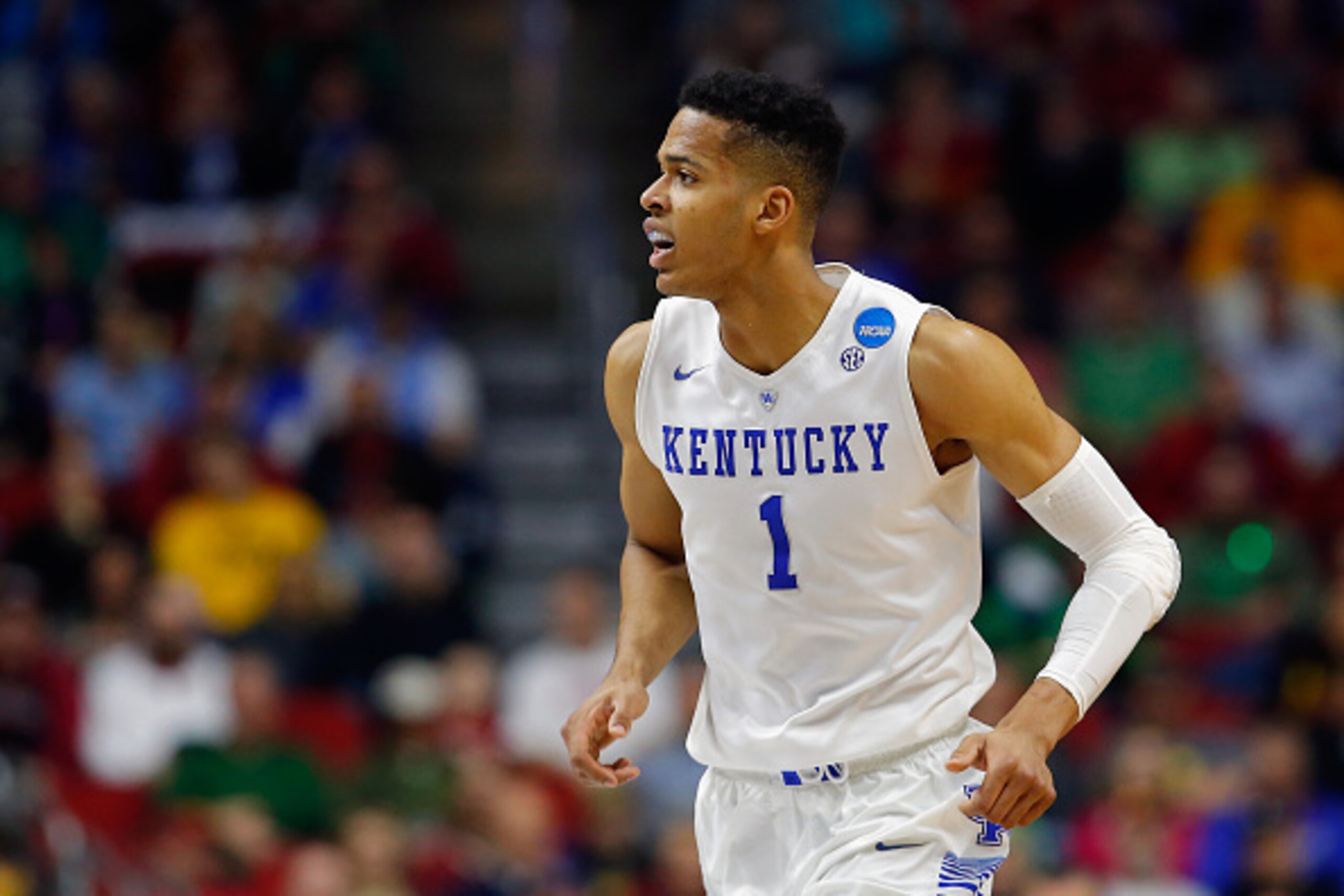 DES MOINES, IA - MARCH 17: Skal Labissiere #1 of the Kentucky Wildcats reacts after making a basket against the Stony Brook Seawolves in the first half during the first round of the 2016 NCAA Men's Basketball Tournament at Wells Fargo Arena on March 17, DES MOINES, IA - MARCH 17: Skal Labissiere #1 of the Kentucky Wildcats reacts after making a basket against the Stony Brook Seawolves in the first half during the first round of the 2016 NCAA Men's Basketball Tournament at Wells Fargo Arena on March 17,
