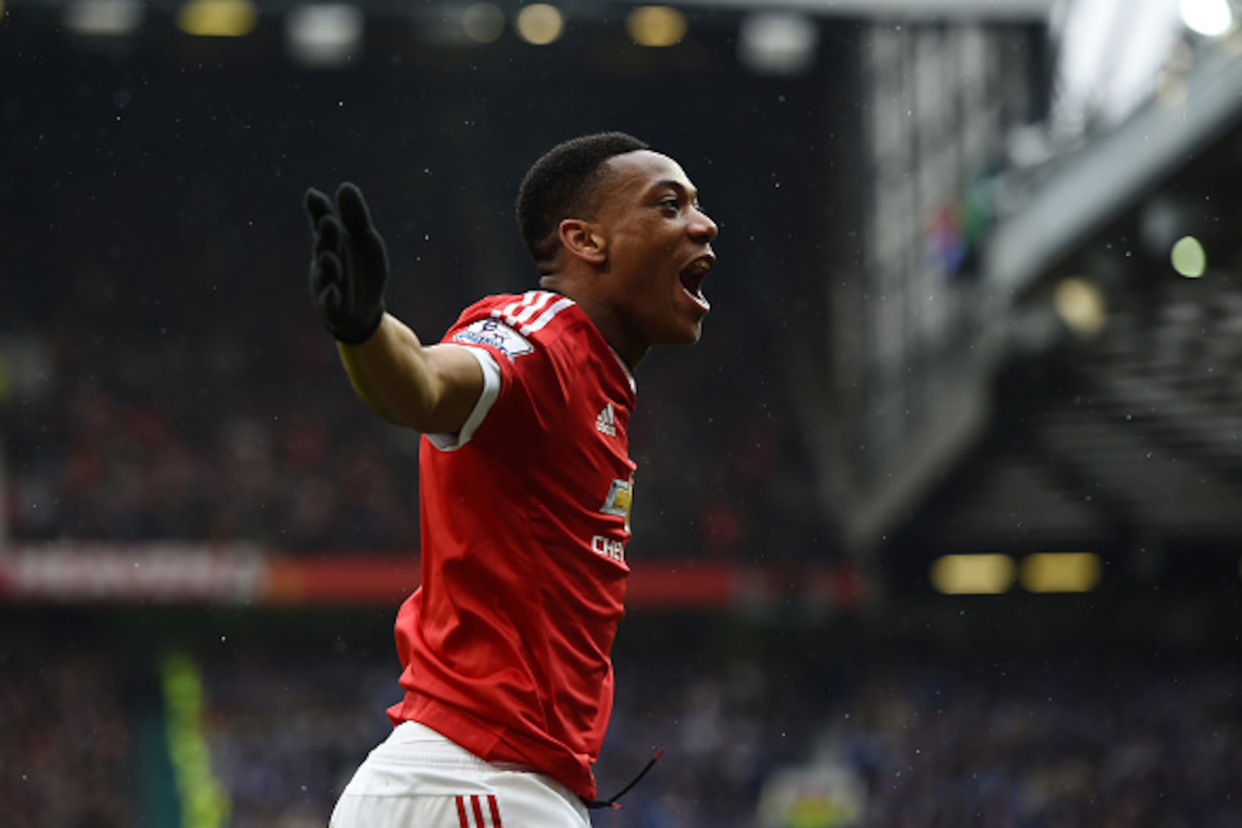 MANCHESTER, UNITED KINGDOM - MAY 01:  Anthony Martial of Manchester United celebrates scoring the opening goal during the Barclays Premier League match between Manchester United and Leicester City at Old Trafford on May 1, 2016 in Manchester, England.  (P