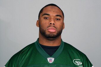 FLORHAM PARK, NJ - CIRCA 2010: In this handout image provided by the NFL, Vernon Gholston of the New York Jets poses for his 2010 NFL headshot circa 2010 in Florham Park, New Jersey. (Photo by NFL via Getty Images)