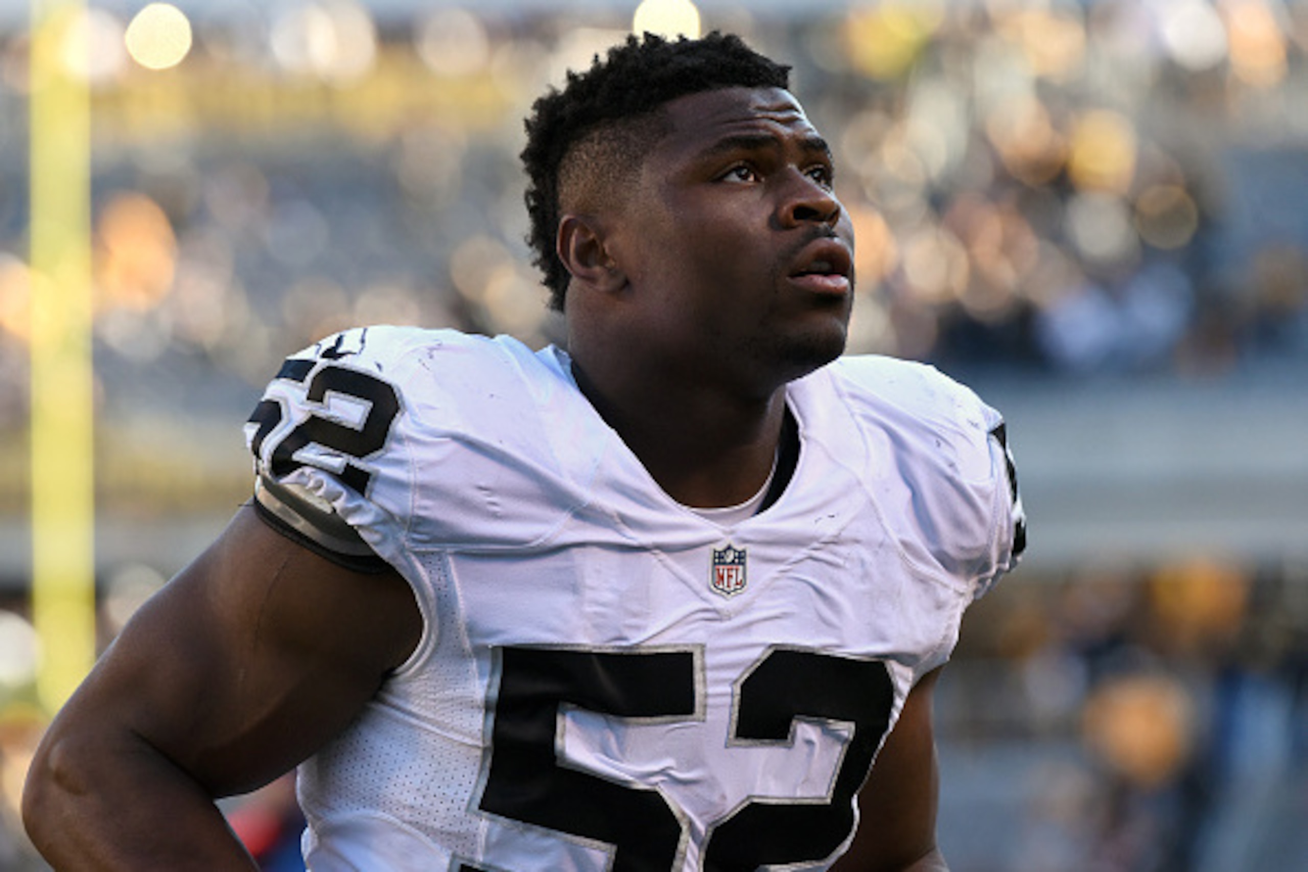 PITTSBURGH, PA - NOVEMBER 8: Defensive lineman Khalil Mack #52 of the Oakland Raiders looks on from the field during a game against the Pittsburgh Steelers at Heinz Field on November 8, 2015 in Pittsburgh, Pennsylvania. The Steelers defeated the Raiders PITTSBURGH, PA - NOVEMBER 8: Defensive lineman Khalil Mack #52 of the Oakland Raiders looks on from the field during a game against the Pittsburgh Steelers at Heinz Field on November 8, 2015 in Pittsburgh, Pennsylvania. The Steelers defeated the Raiders