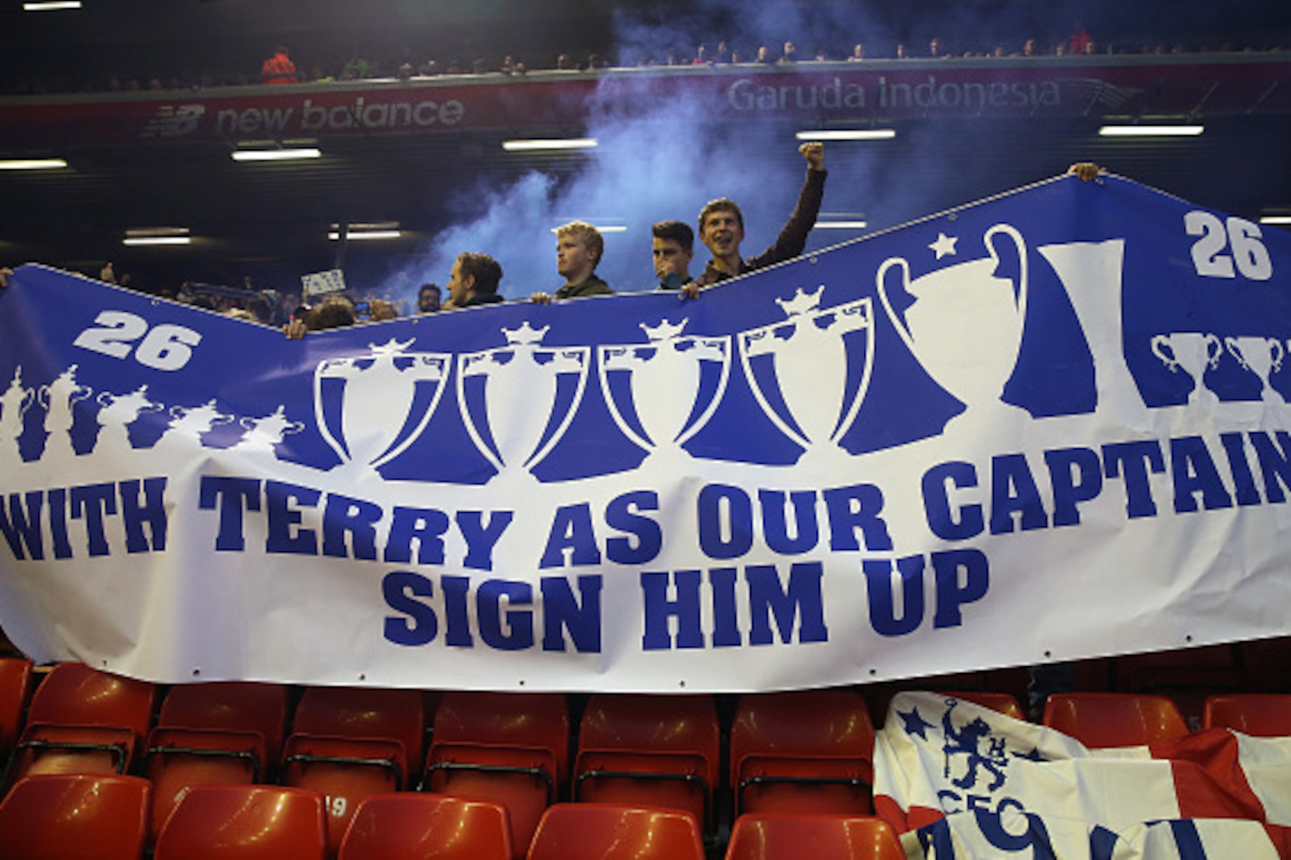 LIVERPOOL, ENGLAND - MAY 11: Chelsea fans display a banner in support of John Terry during the Barclays Premier League match between Liverpool and Chelsea at Anfield on May 11, 2016 in Liverpool, England.  (Photo by Chris Brunskill/Getty Images)