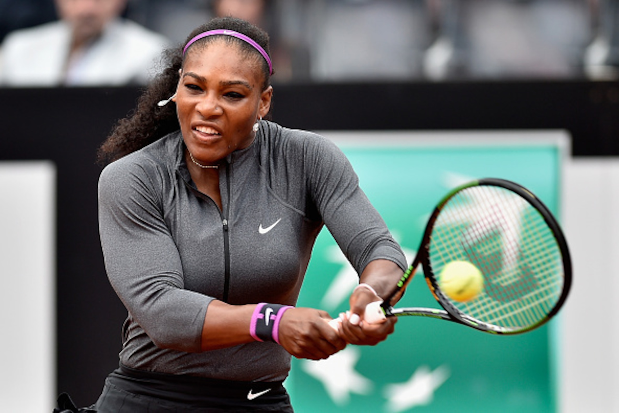 ROME, ITALY - MAY 12:  Serena Williams of the United States plays a backhand in her match against Christina Mchale of the United States on Day Five of The Internazionali BNL d'Italia on May 12, 2016 in Rome, Italy.  (Photo by Dennis Grombkowski/Getty Imag