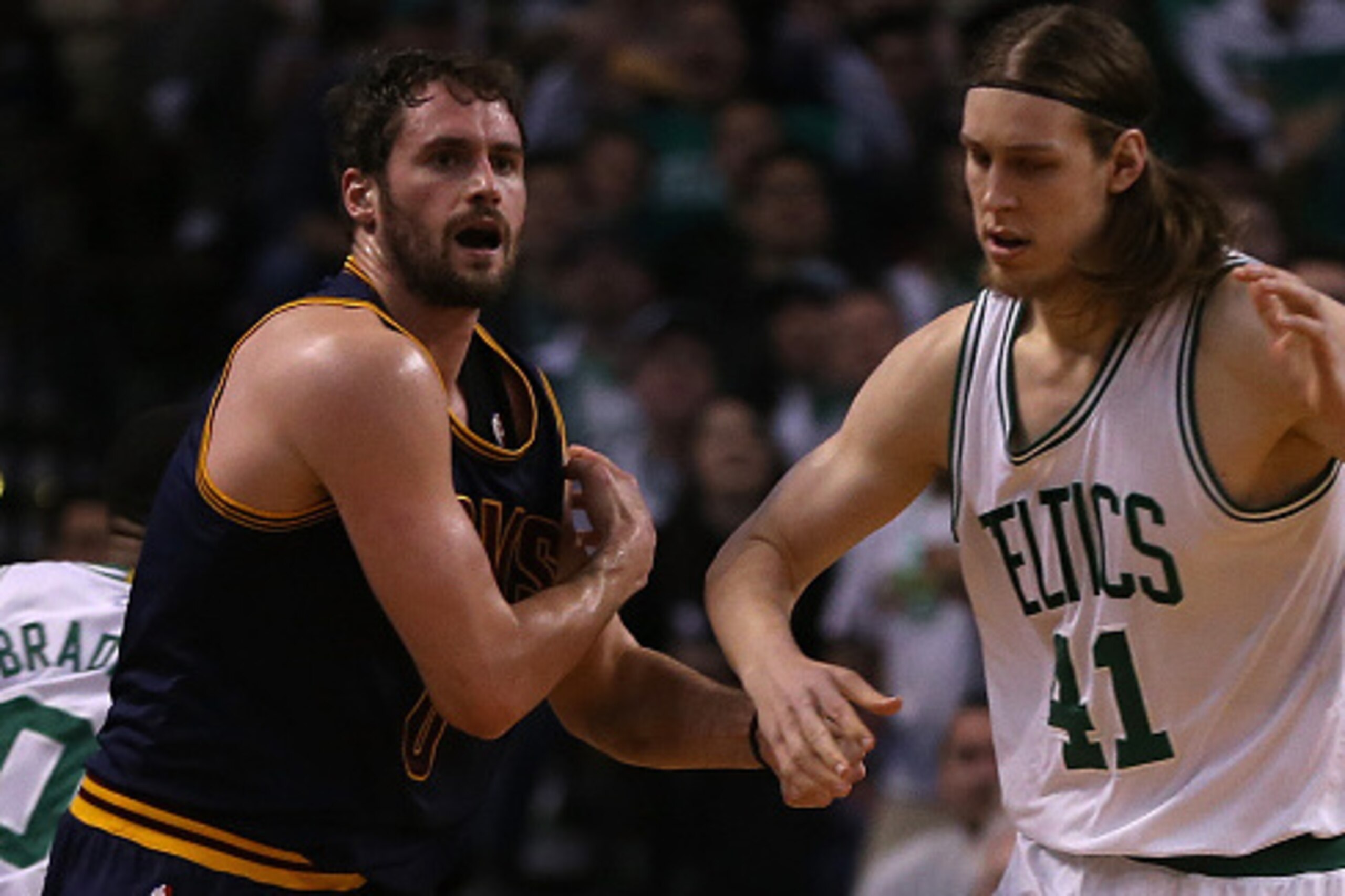BOSTON, MA - APRIL 26: Kevin Love #0 of the Cleveland Cavaliers reacts after an injury against the Boston Celtics in the first quarter in Game Four during the first round of the 2015 NBA Playoffs on April 26, 2015 at TD Garden in Boston, Massachusetts. (P
