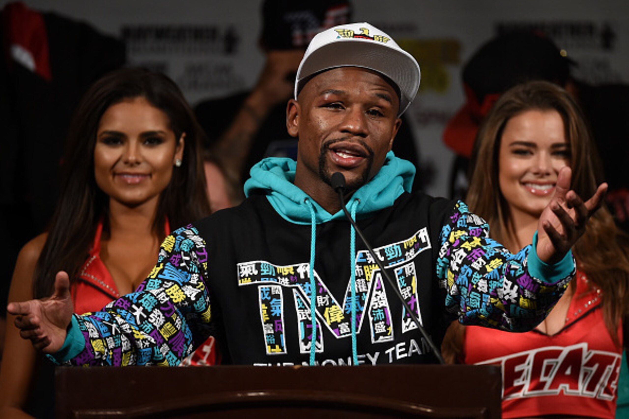 LAS VEGAS, NV - SEPTEMBER 12:  Floyd Mayweather Jr. speaks during a post-fight news conference at MGM Grand Hotel & Casino after he retained his WBC/WBA welterweight titles in a unanimous-decision victory over Andre Berto on September 12, 2015 in Las Vega