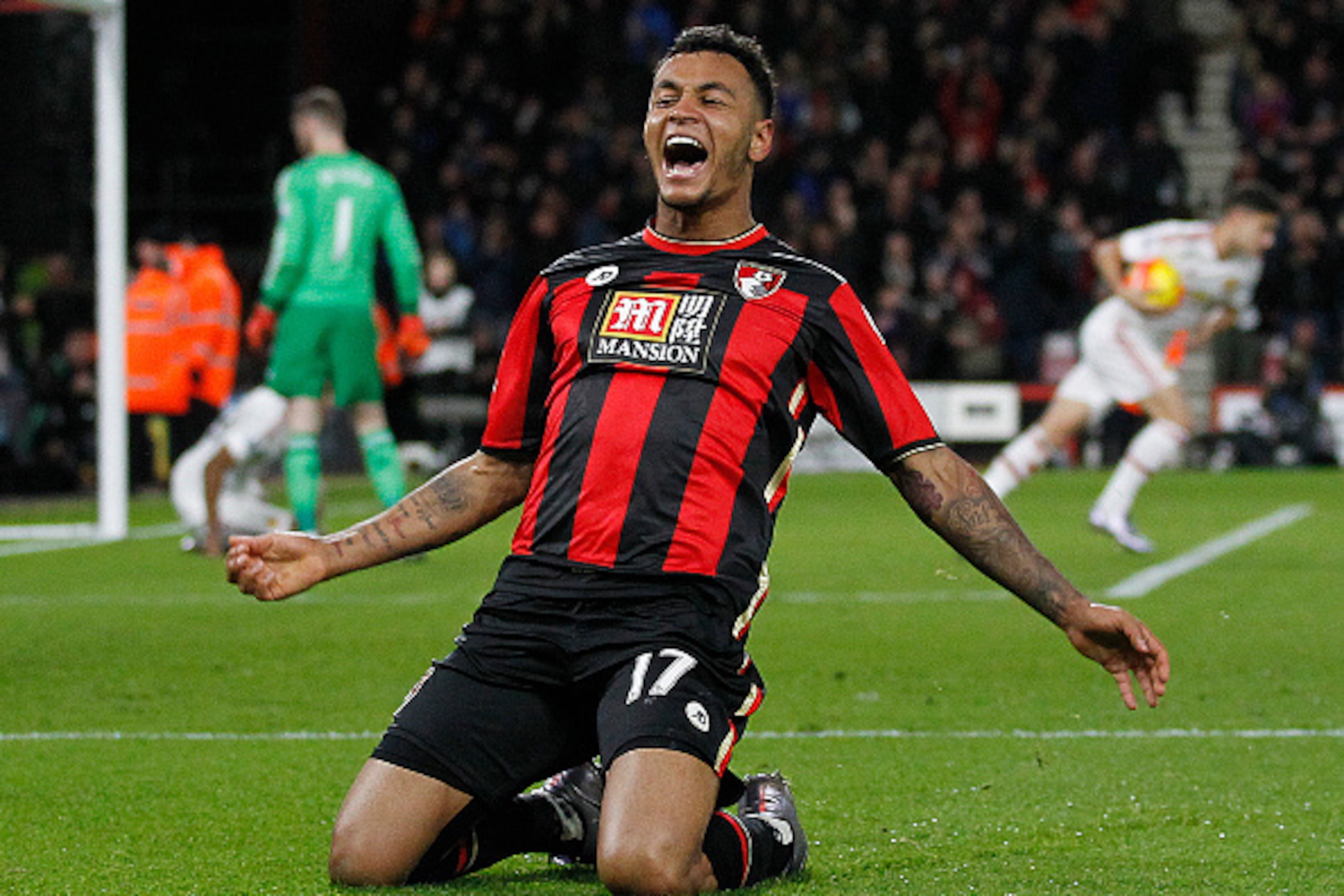 Bournemouth's Norwegian striker Joshua King celebrates scoring his team's second goal during the English Premier League football match between Bournemouth and Manchester United at the Vitality Stadium in Bournemouth, southern England on December 12, 2015.