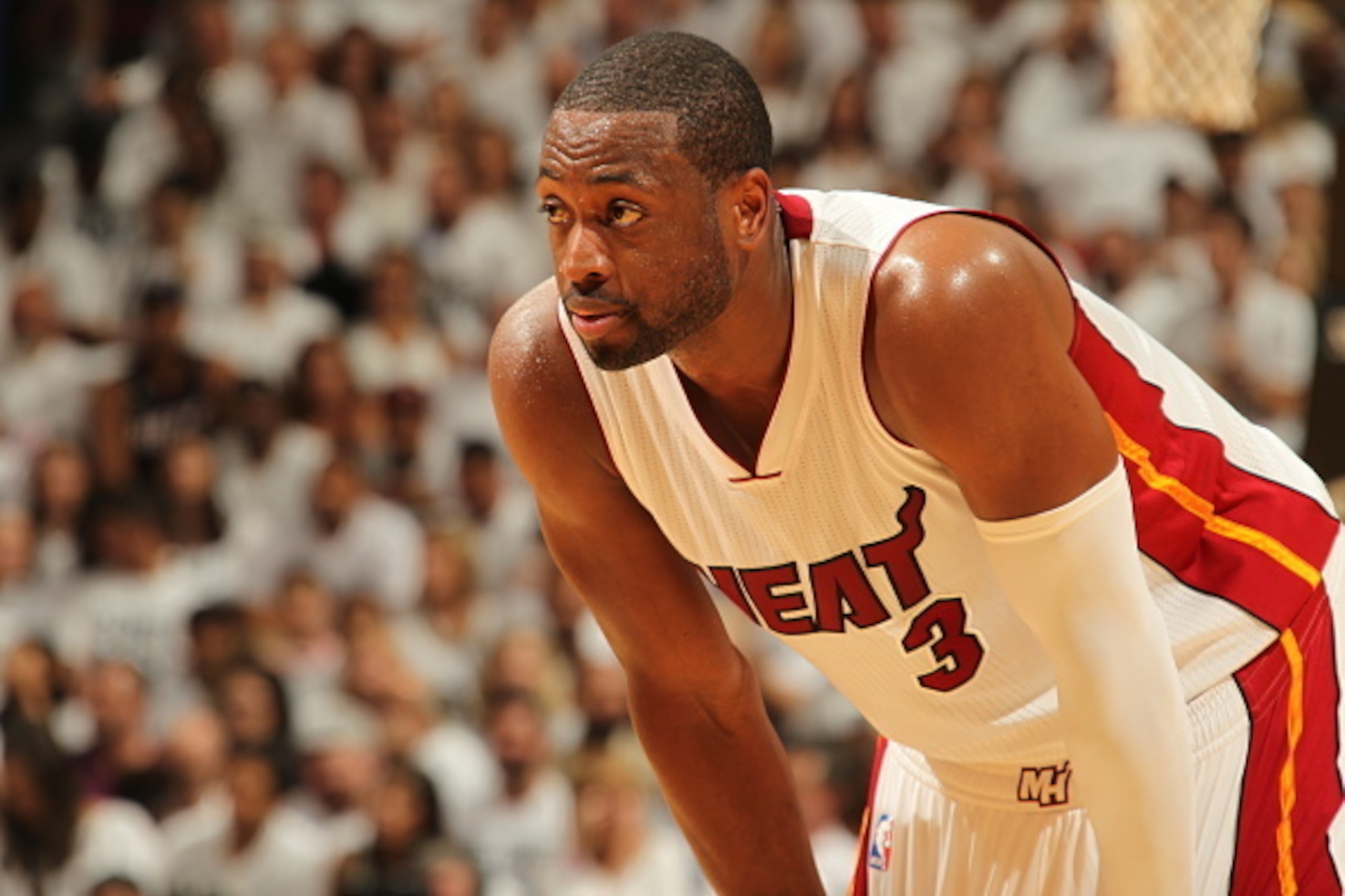 MIAMI, FL - MAY 13:  Dwyane Wade #3 of the Miami Heat looks on against the Toronto Raptors in Game Six of the Eastern Conference Semifinals during the 2016 NBA Playoffs on May 13, 2016 at AmericanAirlines Arena in Miami, Florida. NOTE TO USER: User expres