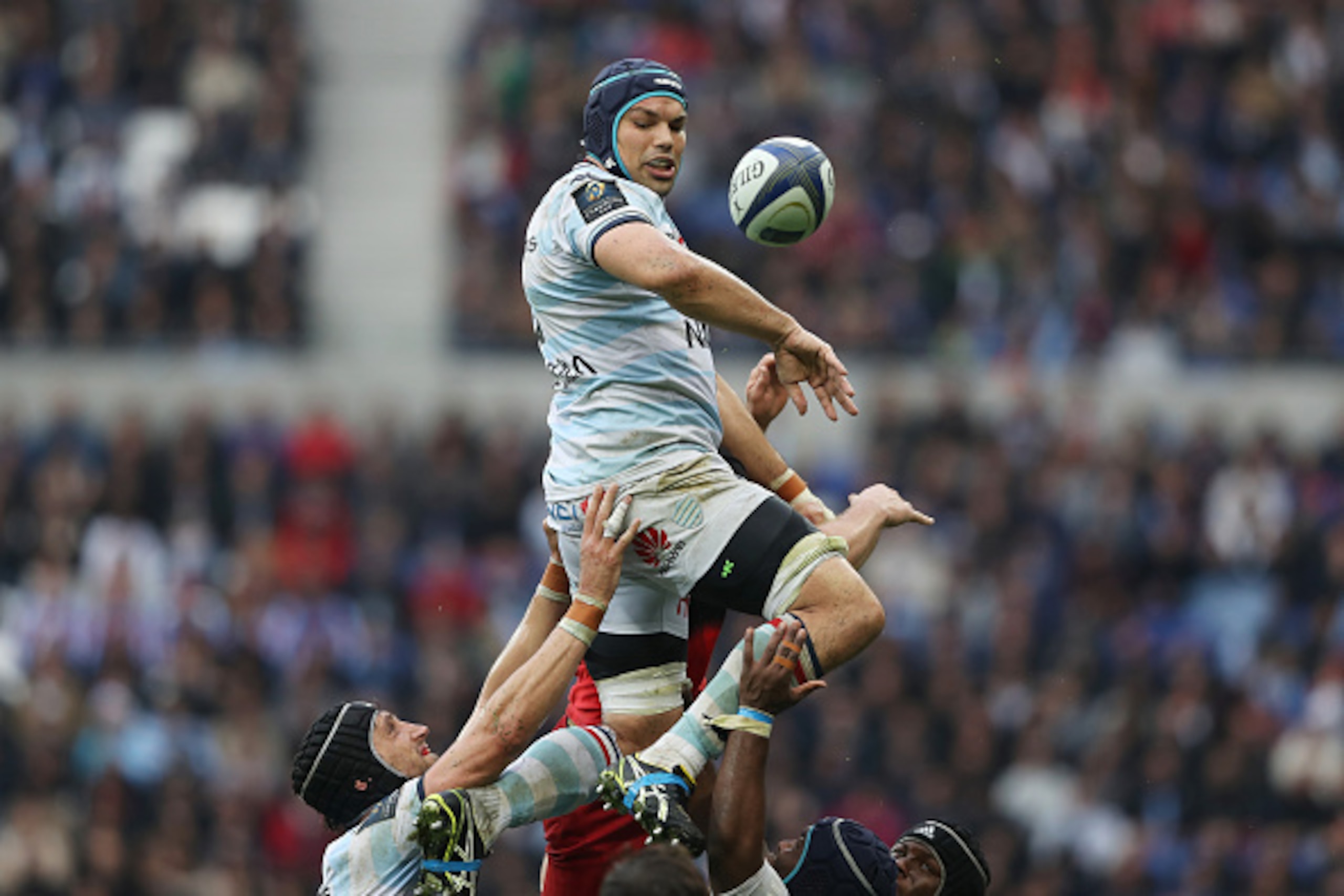 LYON, FRANCE - MAY 14: Francois van der Merwe of Racing 92 wins a line out during the European Rugby Champions Cup Final match between Racing 92 and Saracens at the Stade de Lyon on May 14, 2016 in Lyon, France.