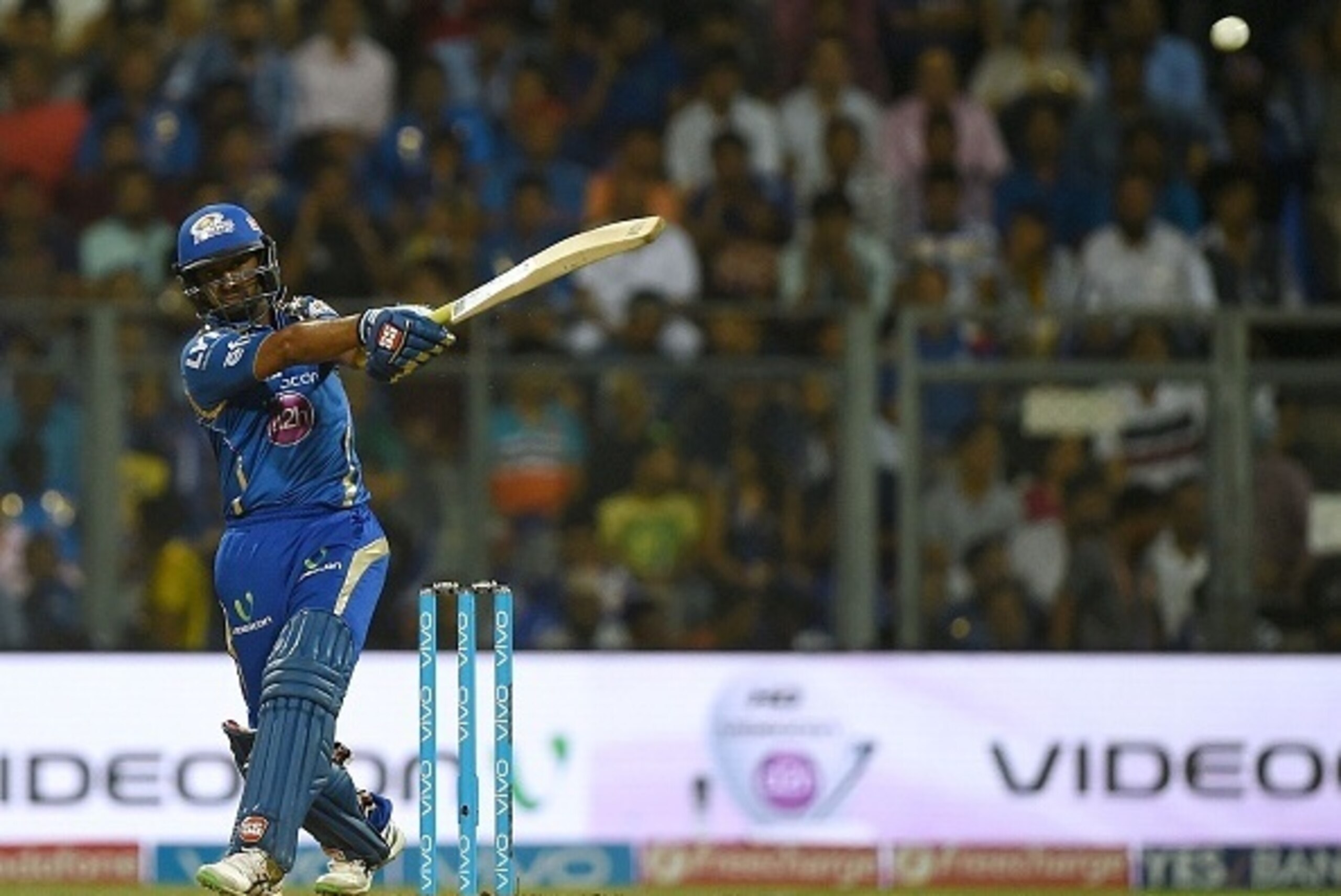 Mumbai Indians' batsman Ambati Rayudu plays a shot during the 2016 Indian Premier League (IPL) Twenty20 cricket match between Mumbai Indians and Kolkata Knight Riders at The Wankhede Cricket Stadium in Mumbai on April 28, 2016.ï¿½ï¿½ï¿½ï¿½ / AFP / PUNIT PARANJPE 
