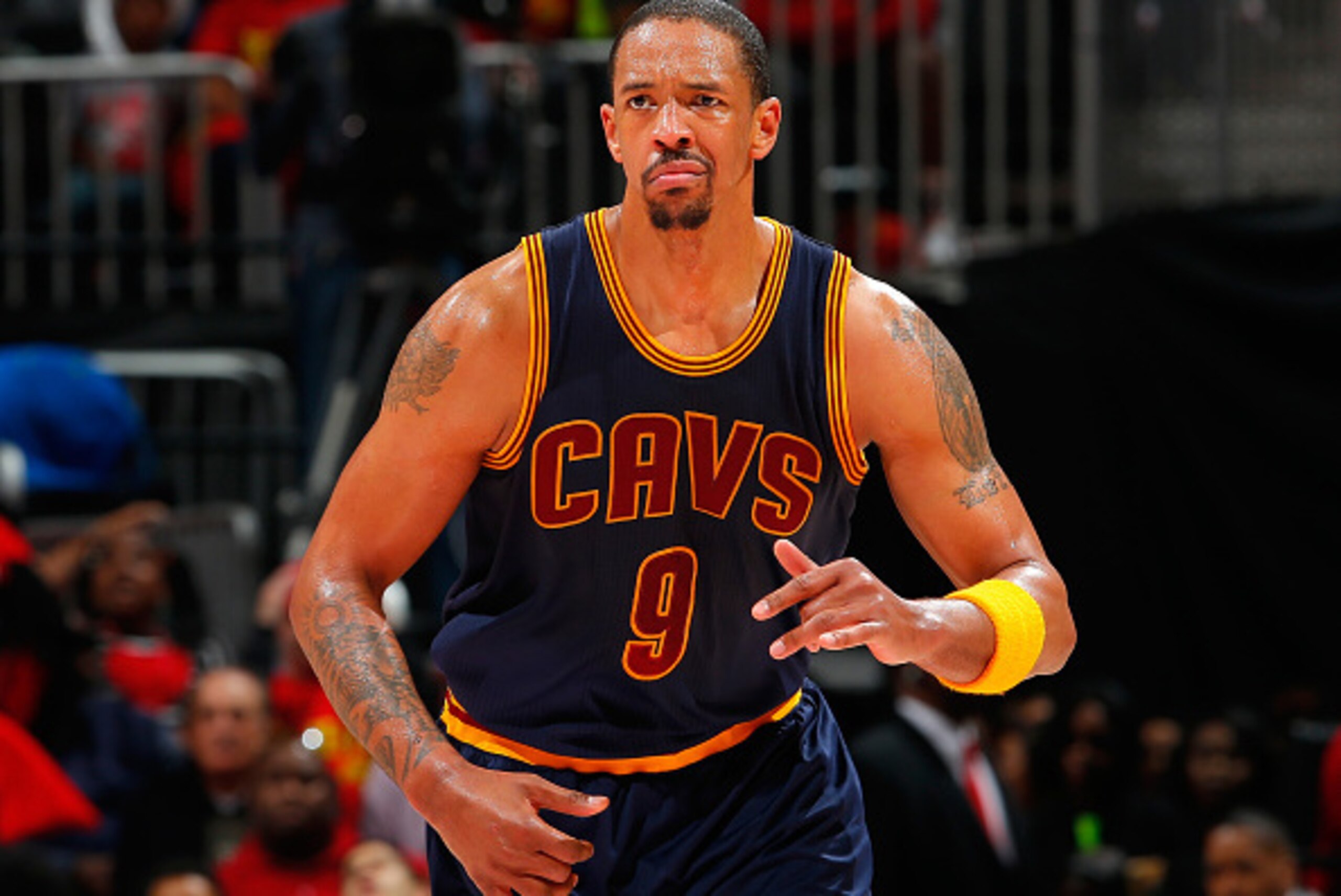 ATLANTA, GA - MAY 06:  Channing Frye #9 of the Cleveland Cavaliers reacts after hitting a three-point basket against the Atlanta Hawks in Game Three of the Eastern Conference Semifinals during the 2016 NBA Playoffs at Philips Arena on May 6, 2016 in Atlan