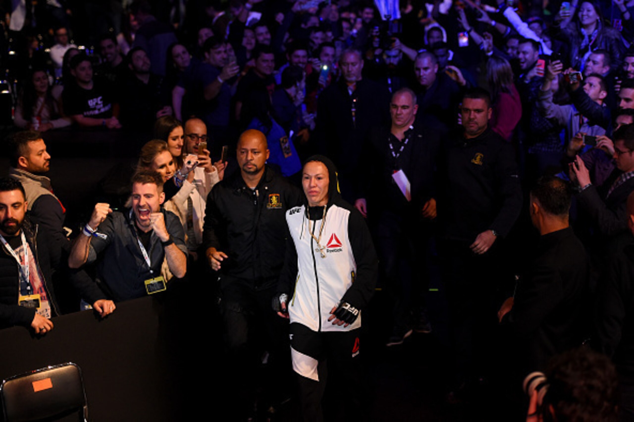 CURITIBA, BRAZIL - MAY 14:  Cristiane 'Cyborg' Justino of Brazil enters the arena before facing Leslie Smith in their women's catchweight bout during the UFC 198 event at Arena da Baixada stadium on May 14, 2016 in Curitiba, Parana, Brazil.  (Photo by Jos