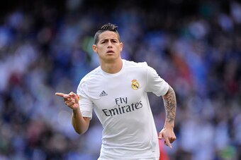 MADRID, SPAIN - APRIL 09:  James Rodriguez of Real Madrid celebrates scoring his sid's opening goal during the La Liga match between Real Madrid and Eibar at Estadio Santiago Bernabeu on April 9, 2016 in Madrid, Spain.  (Photo by Denis Doyle/Getty Images)