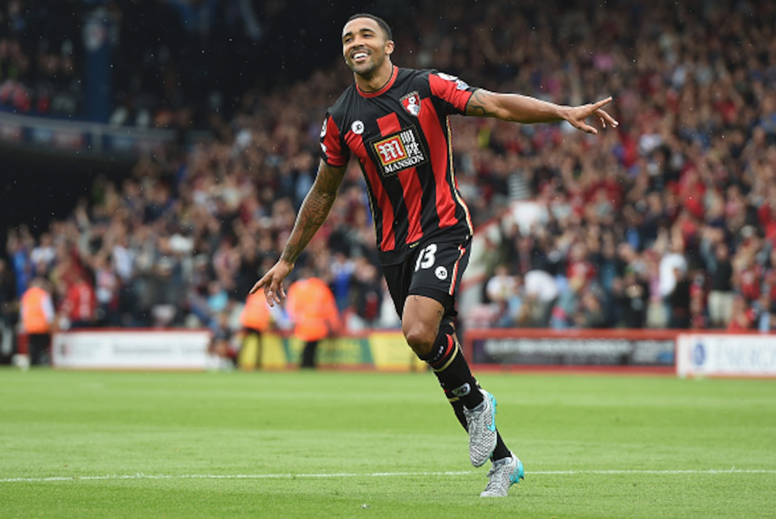 BOURNEMOUTH, ENGLAND - AUGUST 29:  Callum Wilson of Bournemouth celebrates scoring his team's first goal during the Barclays Premier League match between A.F.C. Bournemouth and Leicester City at Vitality Stadium on August 29, 2015 in Bournemouth, England.