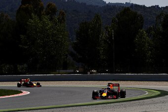 MONTMELO, SPAIN - MAY 15: Daniel Ricciardo of Australia driving the (3) Red Bull Racing Red Bull-TAG Heuer RB12 TAG Heuer leads Max Verstappen of the Netherlands driving the (33) Red Bull Racing Red Bull-TAG Heuer RB12 TAG Heuer on track during the Spanis